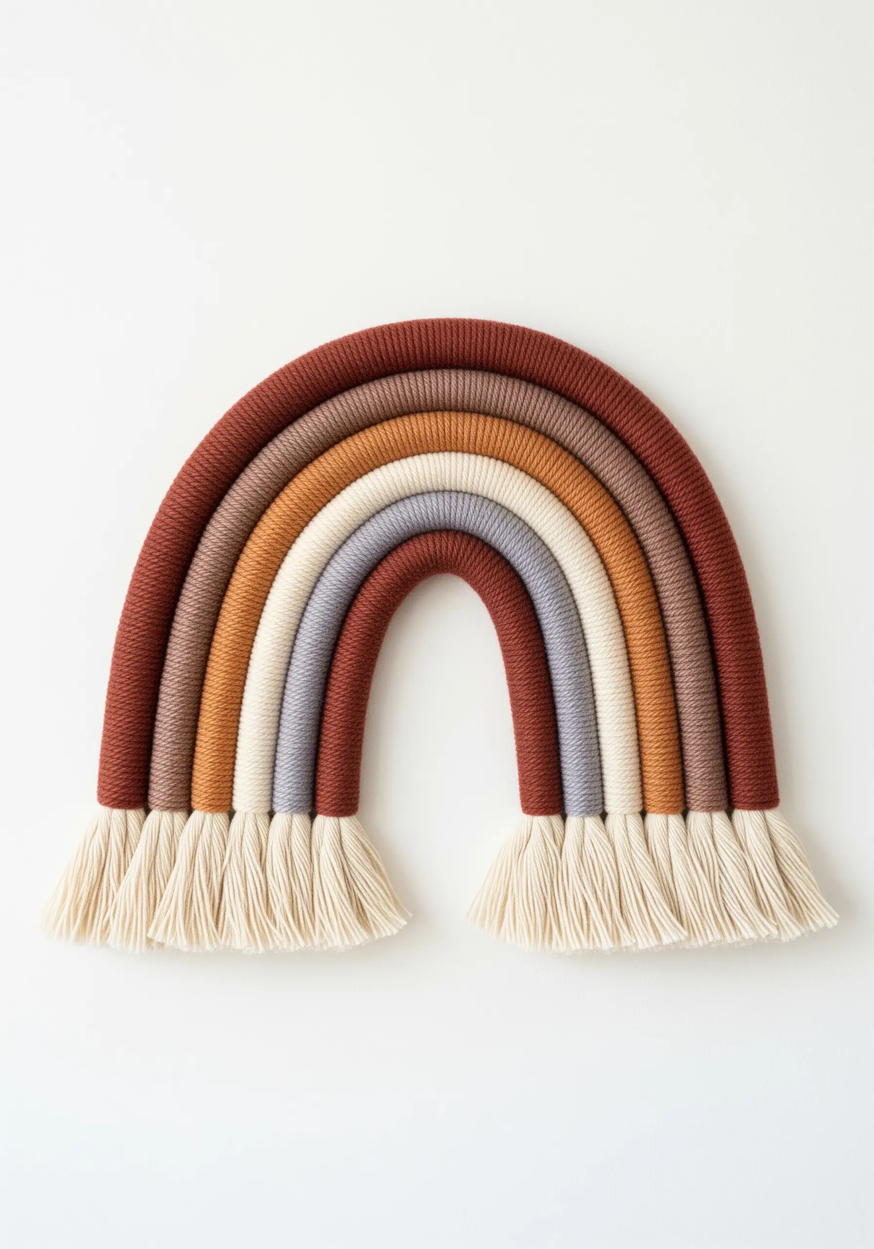 A yarn-wrapped rainbow wall hanging in earthy tones of terracotta, brown, grey, and cream.