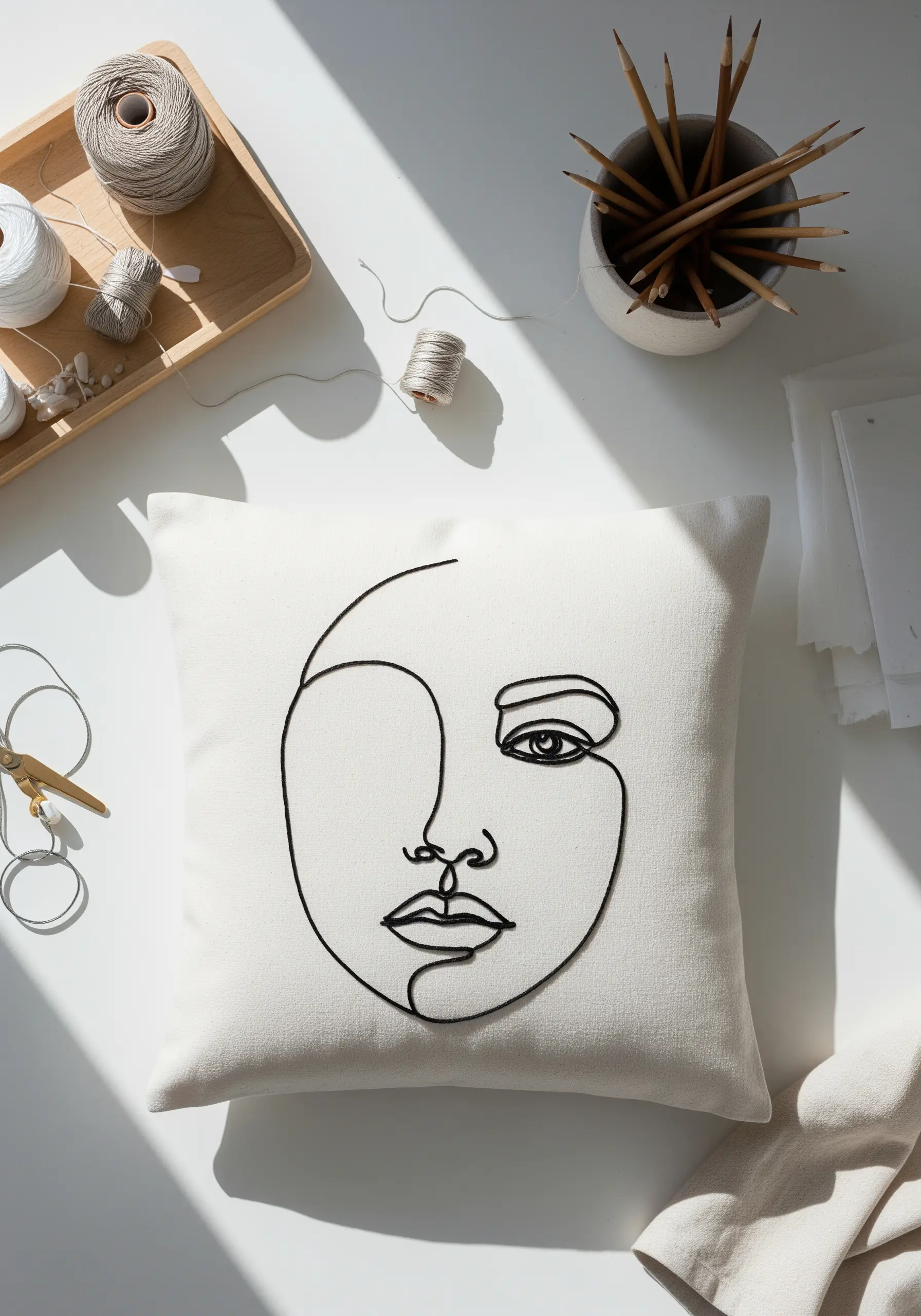 Minimalist single-line art face embroidered in black thread on a white cushion.