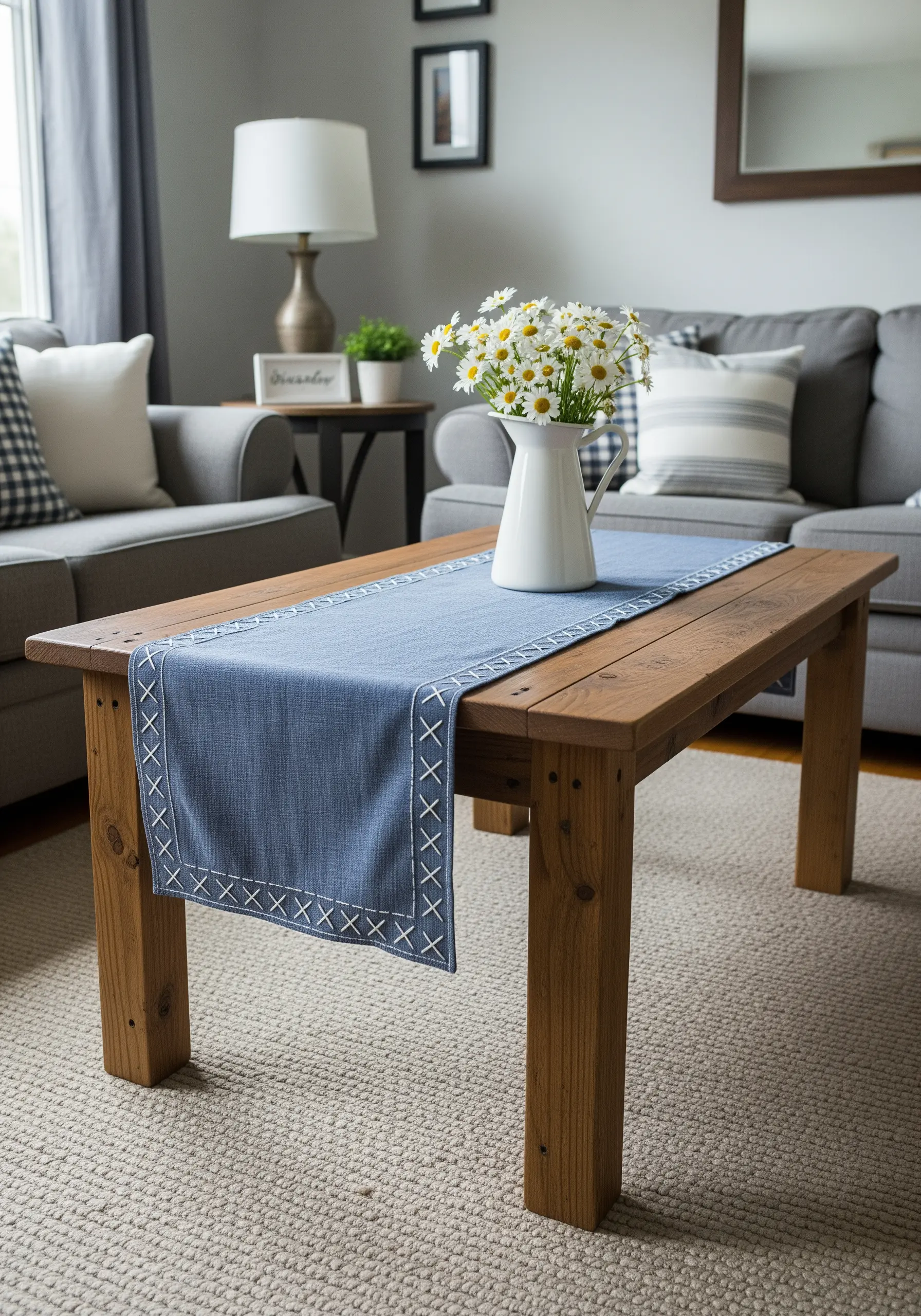 Blue chambray table runner with a white cross-stitch border.