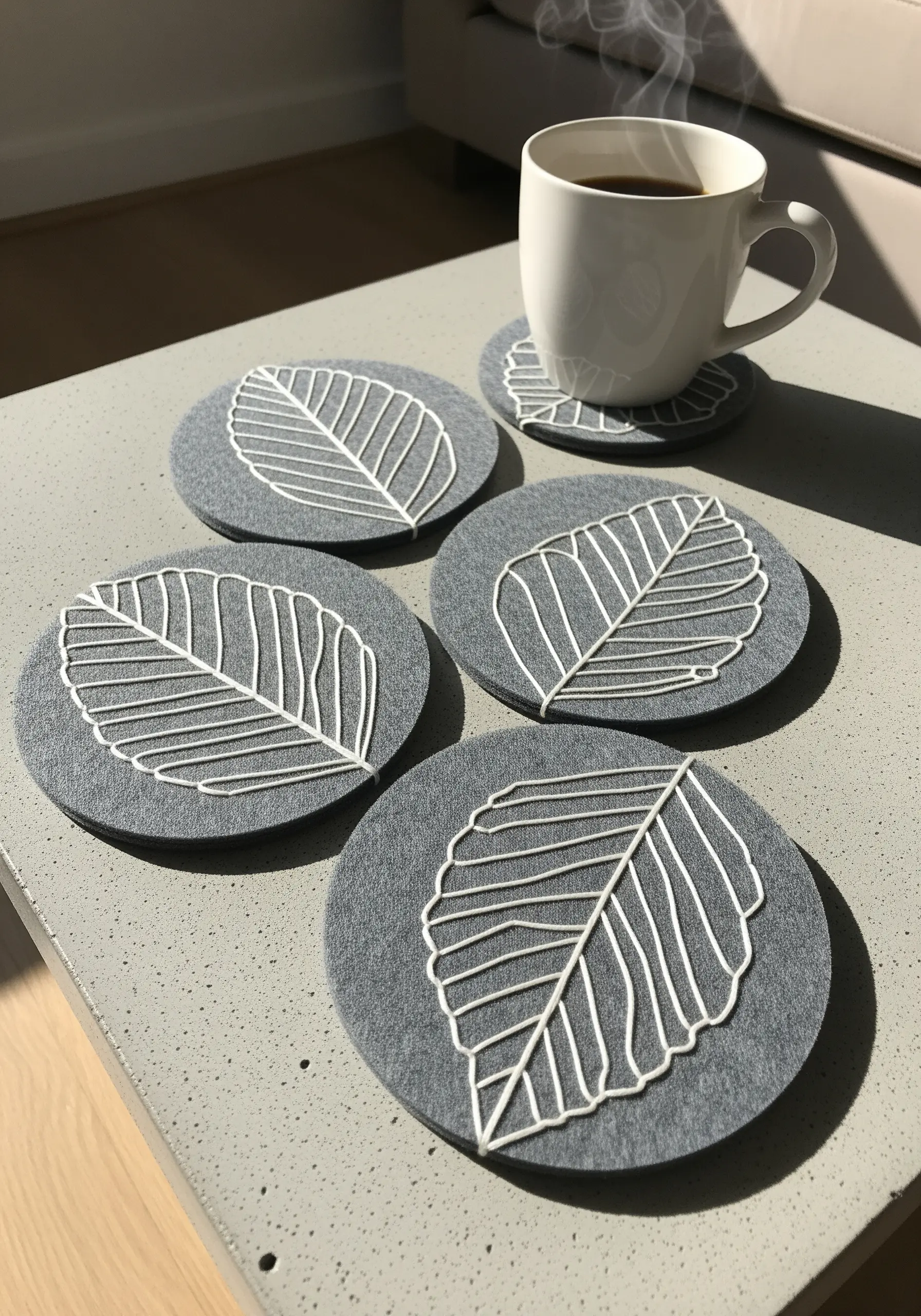 Gray felt coasters with minimalist white leaf vein embroidery.
