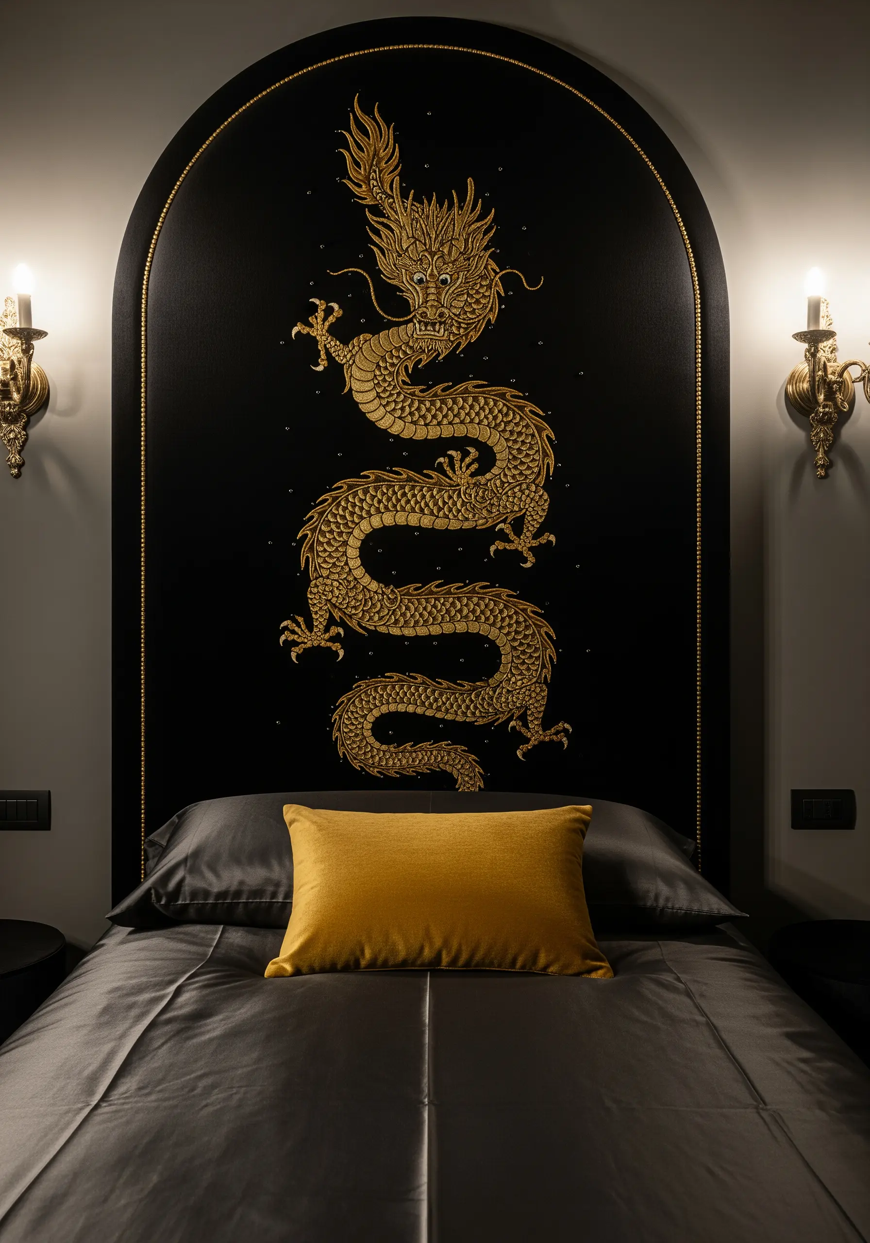 An intricate golden dragon embroidered on a tall, arched black headboard.