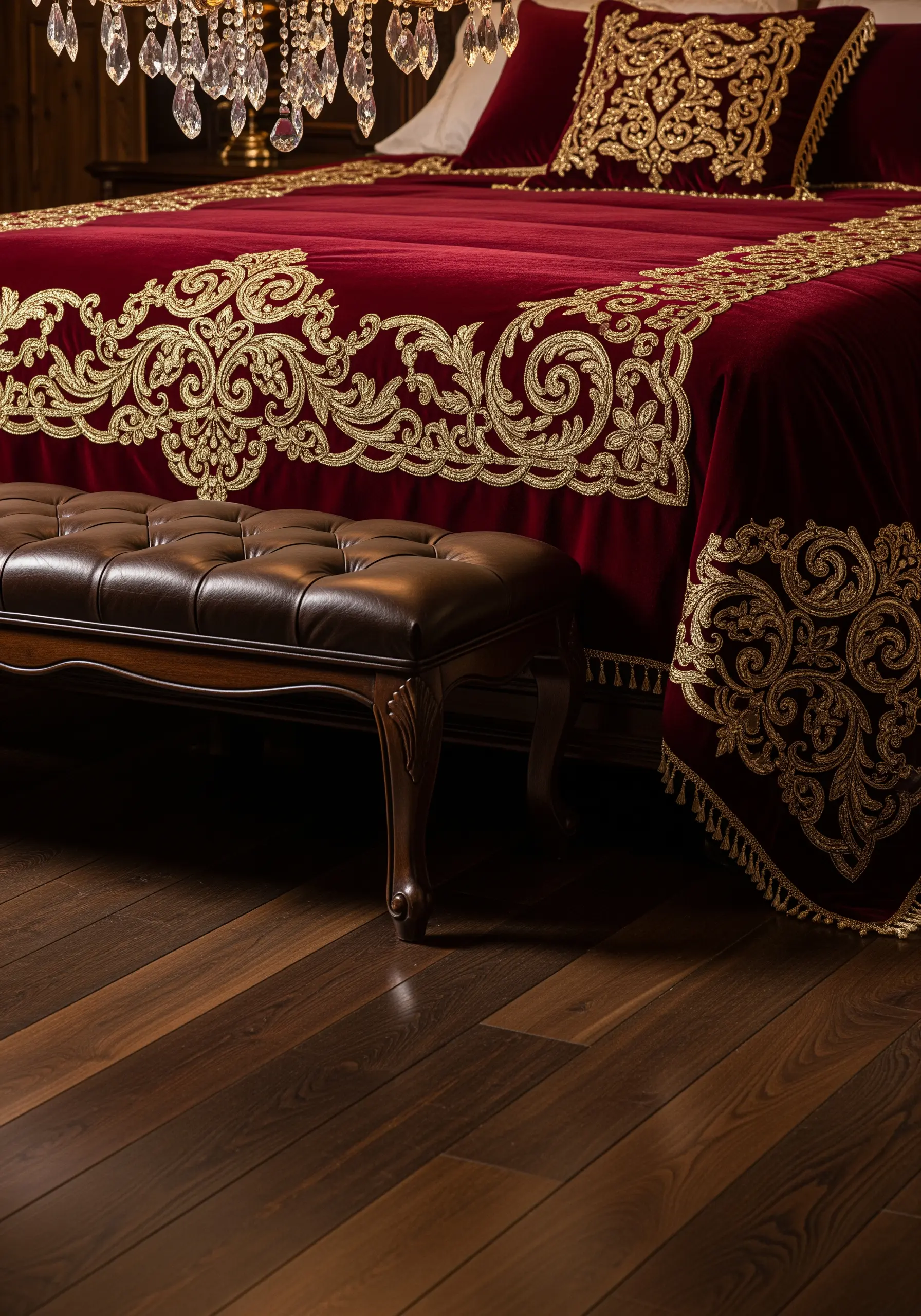 Red velvet bedspread with intricate gold scroll embroidery