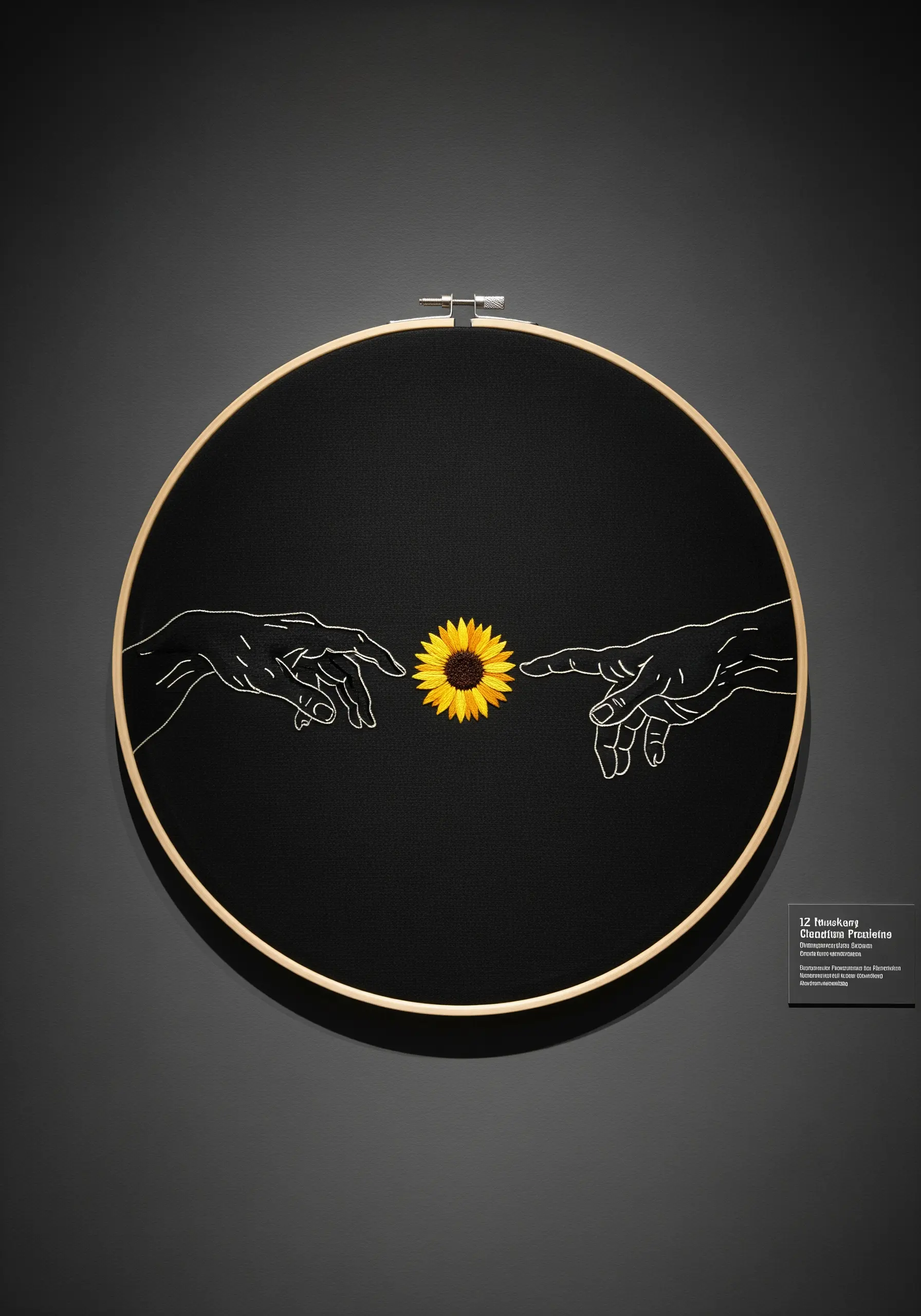 A 'Creation of Adam' homage with white line art hands and a realistic sunflower in the center.