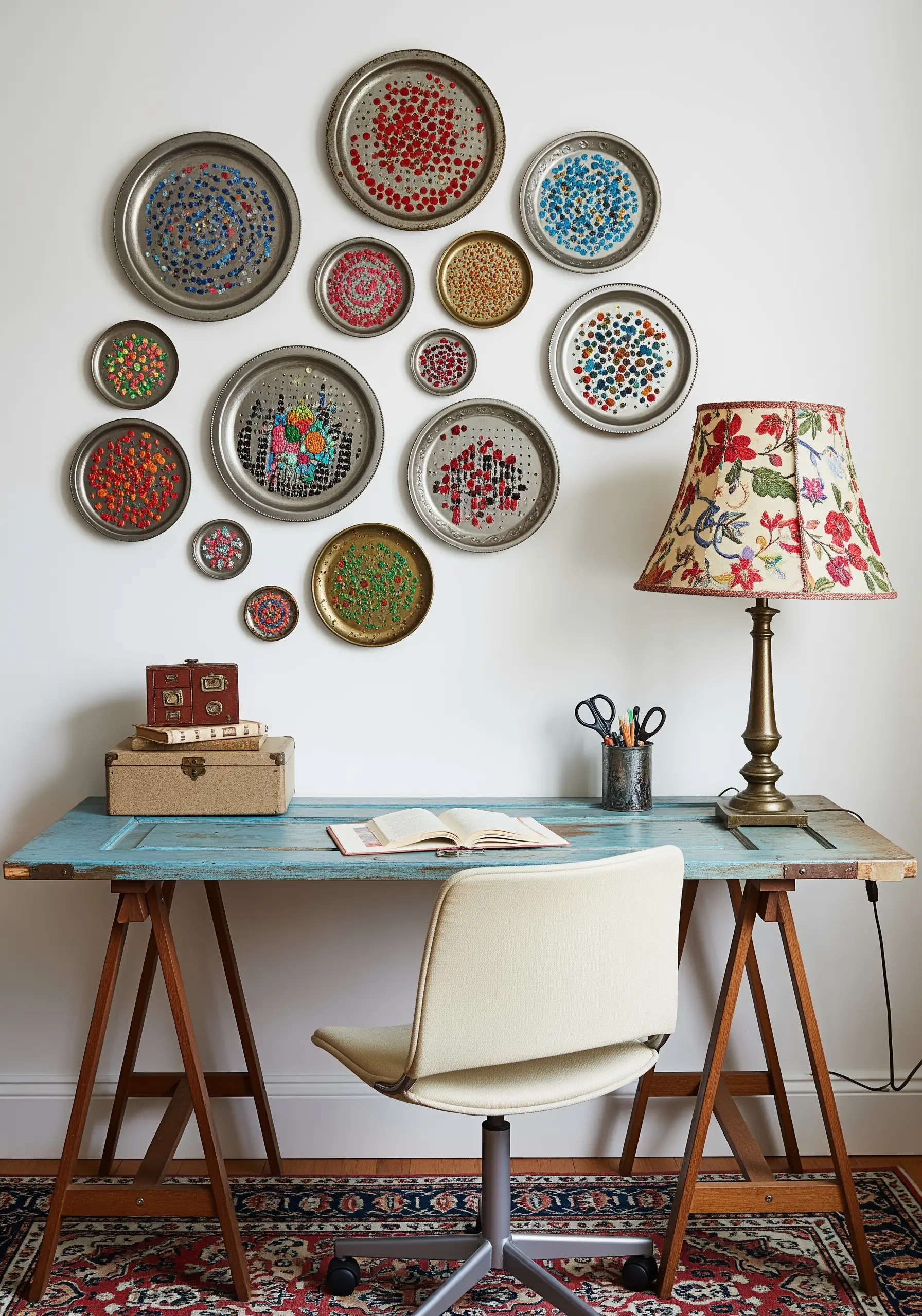 A collection of vintage metal trays embellished with colorful beaded embroidery patterns.