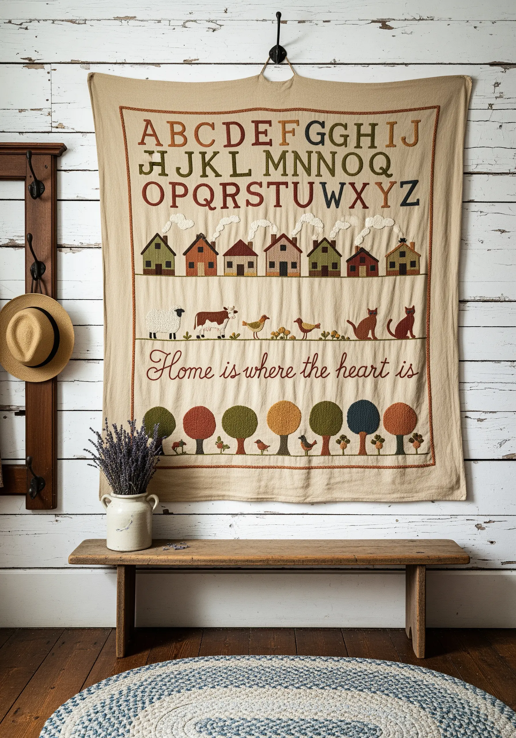 A large, rustic alphabet sampler embroidery with folk art motifs of houses and trees.