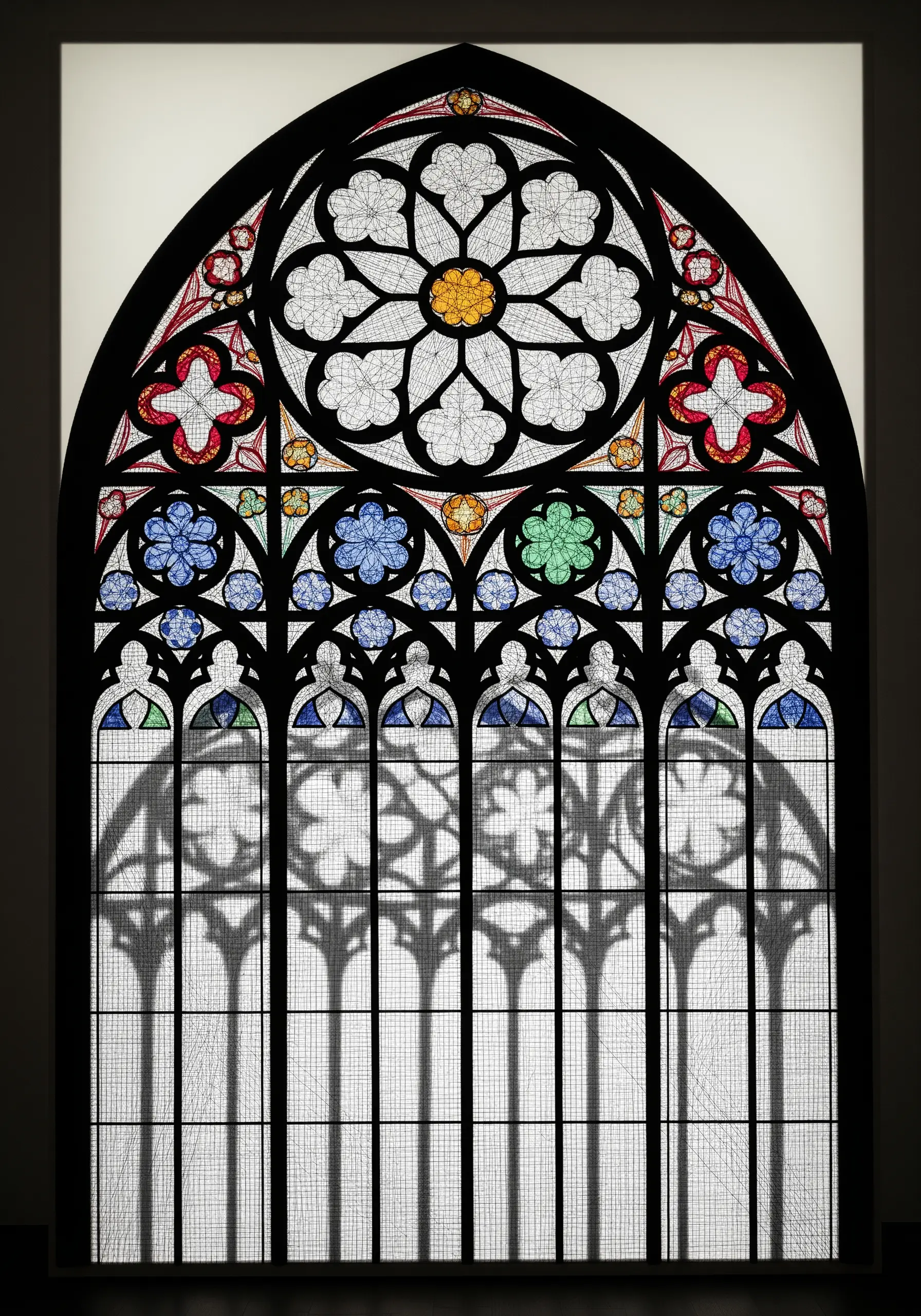 A thread art piece replicating a gothic stained glass window, casting a realistic shadow.