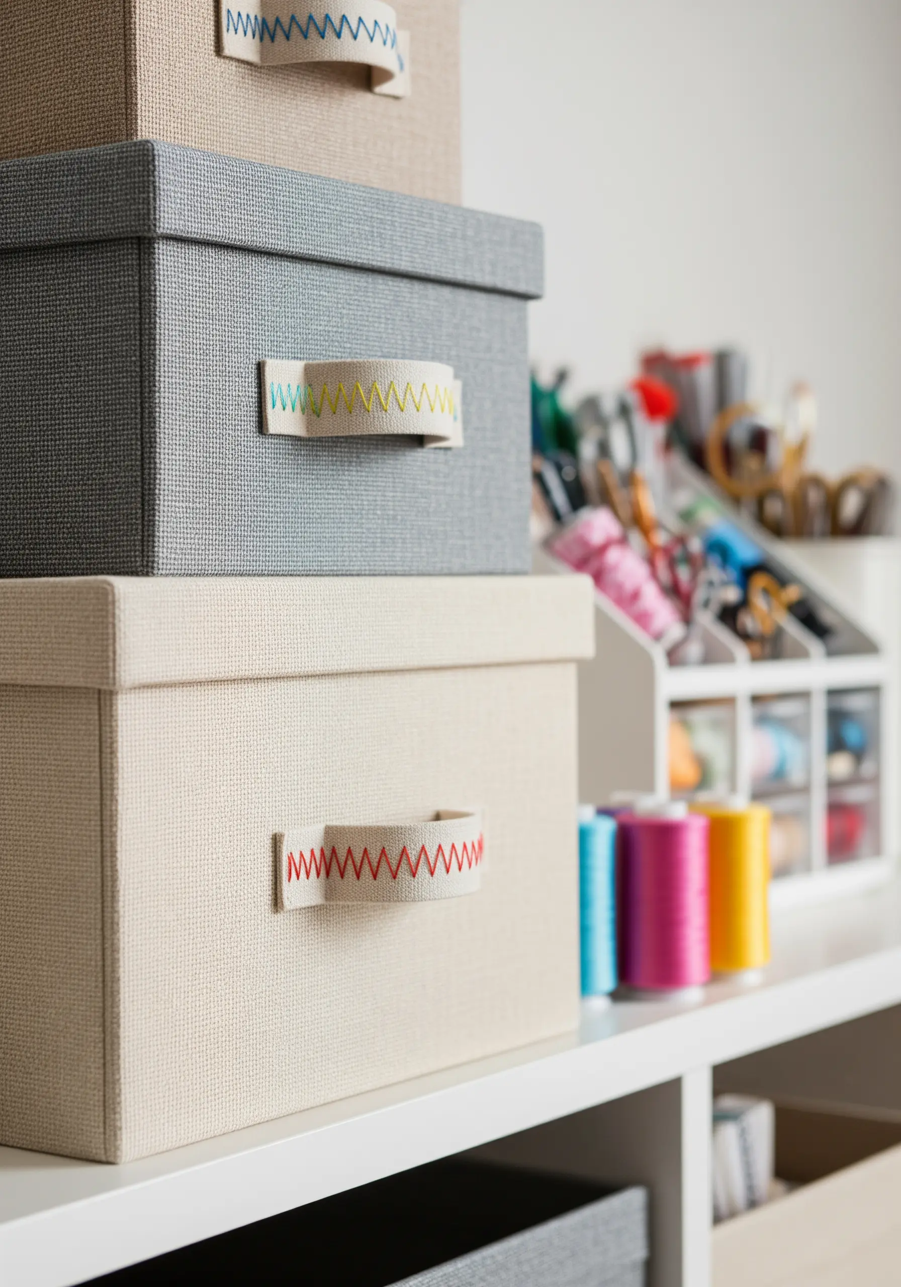 Fabric handles on storage boxes embellished with colorful zigzag embroidery stitches.