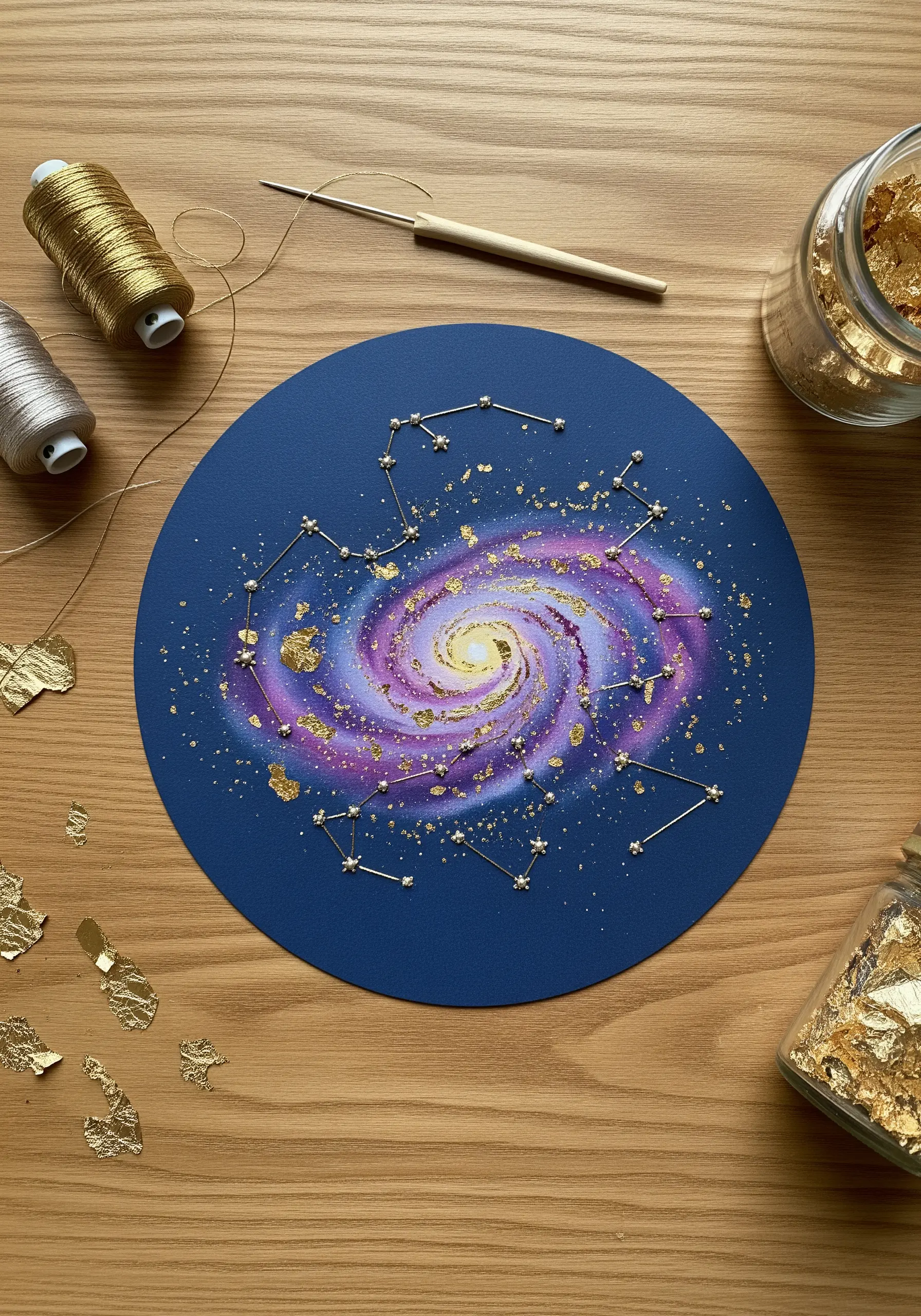 Embroidery of constellations with gold thread over a painted purple and gold galaxy on blue paper.