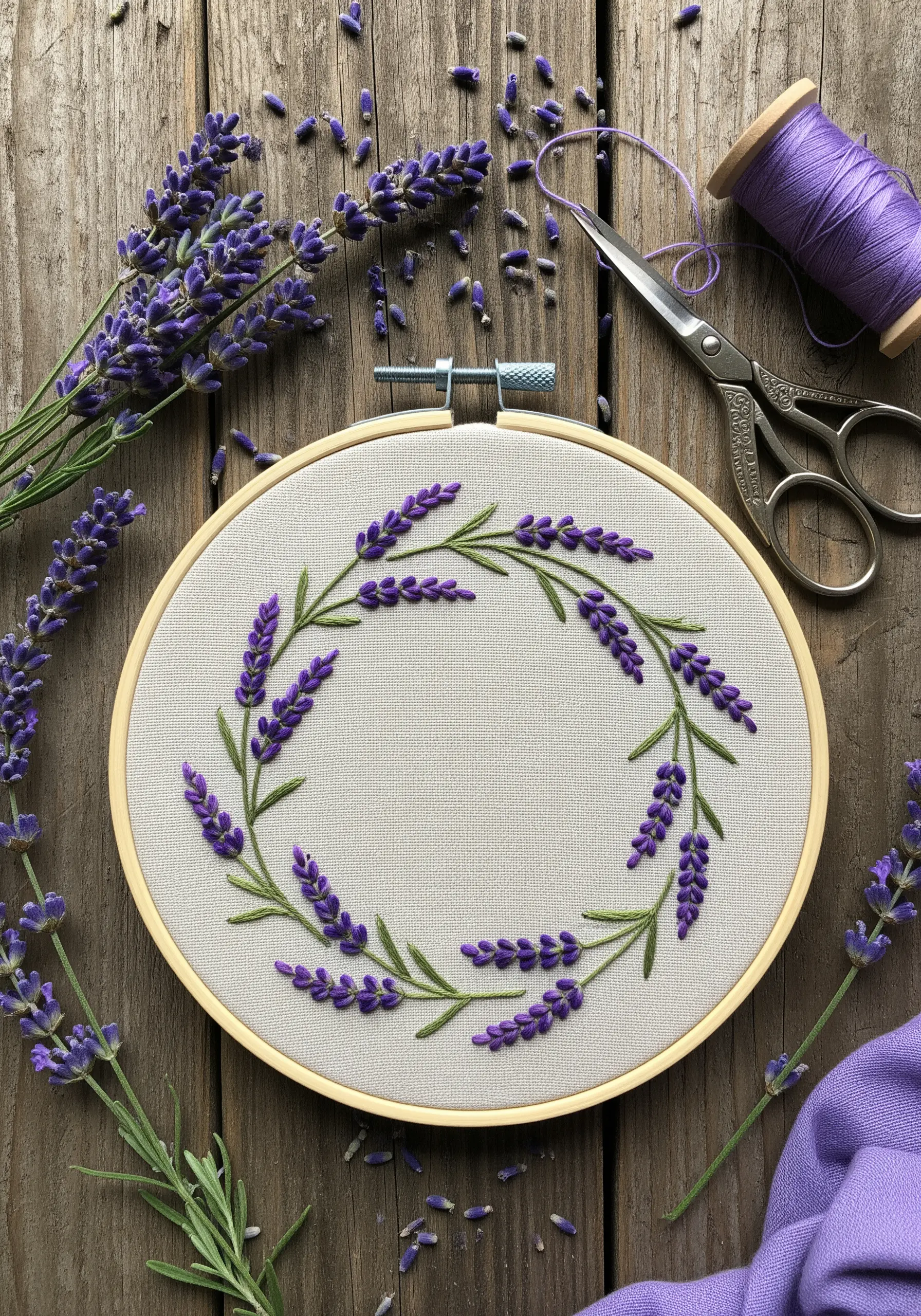 A delicate lavender wreath embroidered on neutral linen fabric in a wooden hoop.
