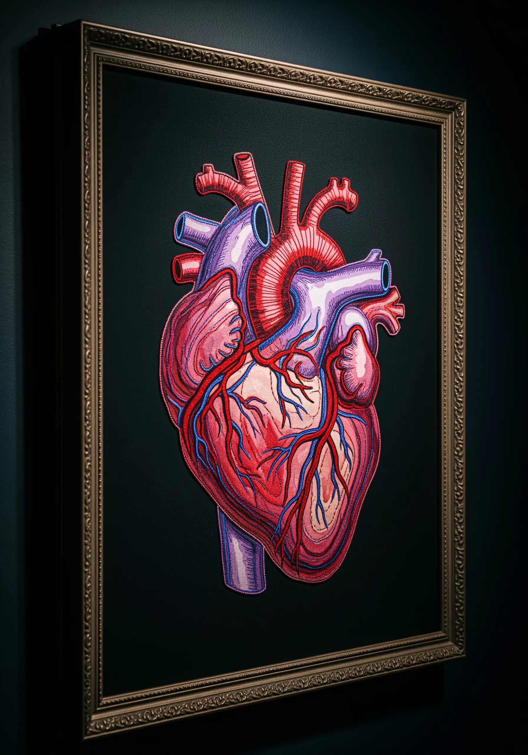 A framed, anatomically correct heart made from fabric appliqué with detailed embroidered veins.