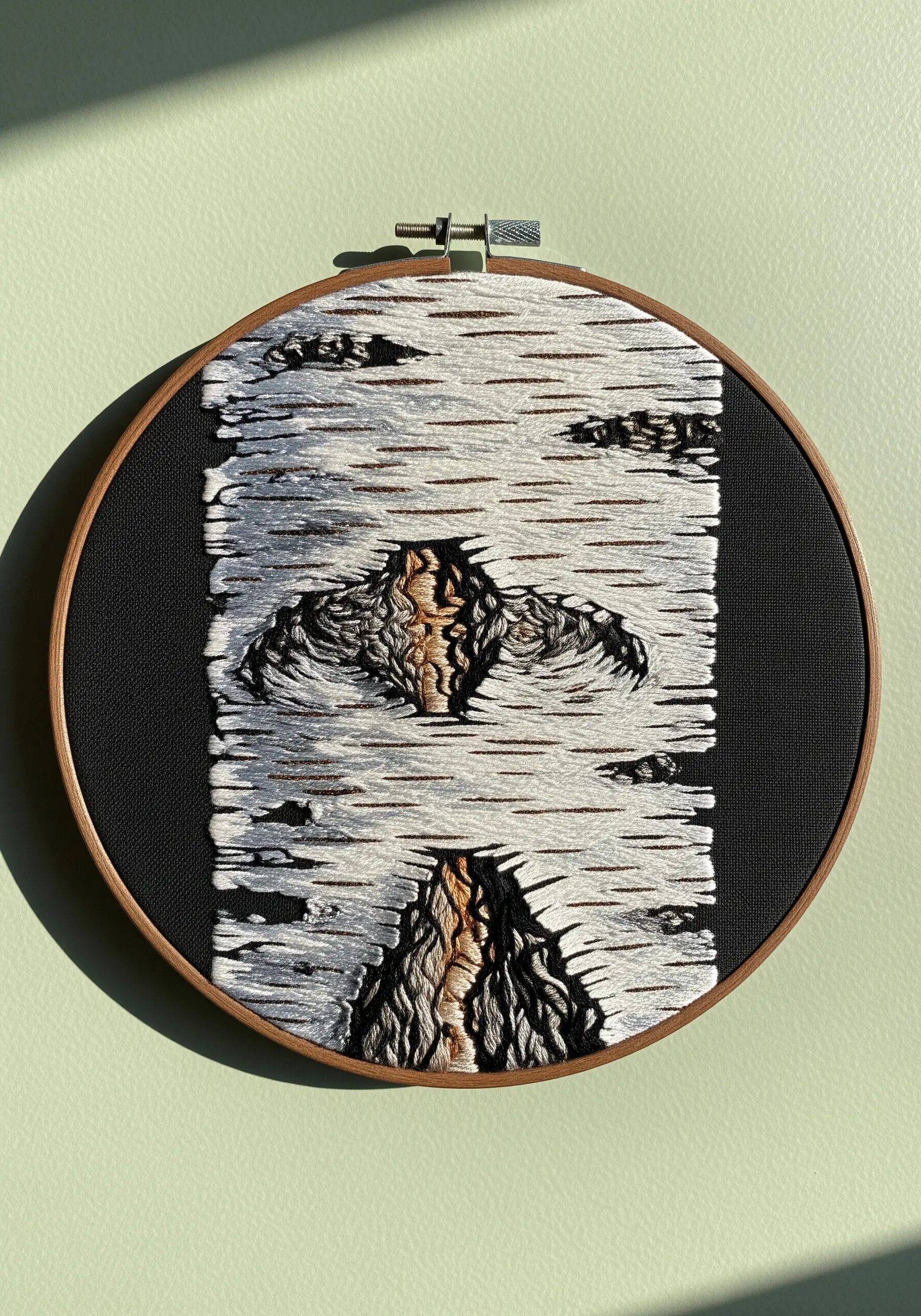 Detailed embroidery of white birch bark with black markings on a black fabric background.