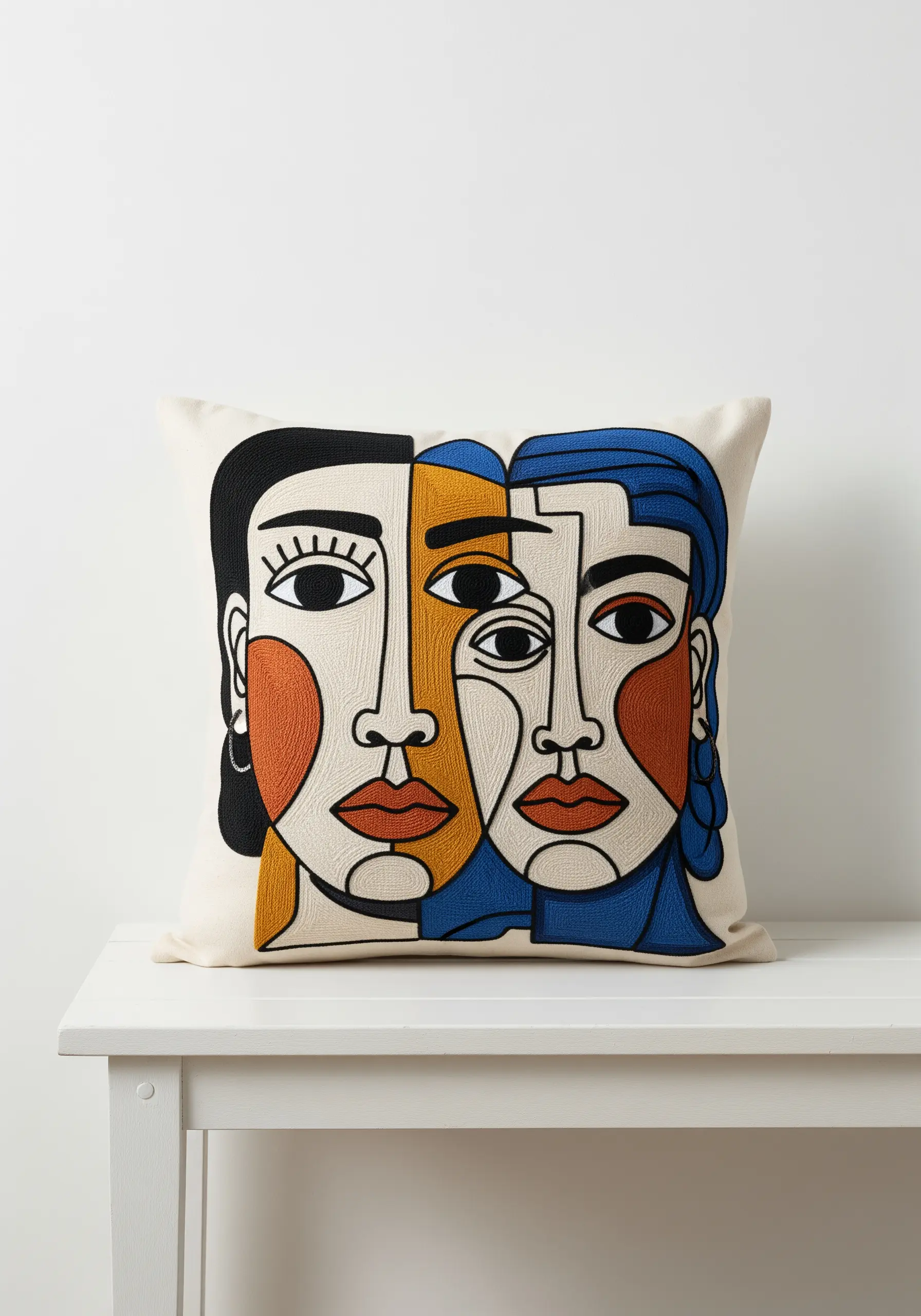 An abstract, Cubist-style portrait on a pillow with blocks of color in satin stitch.