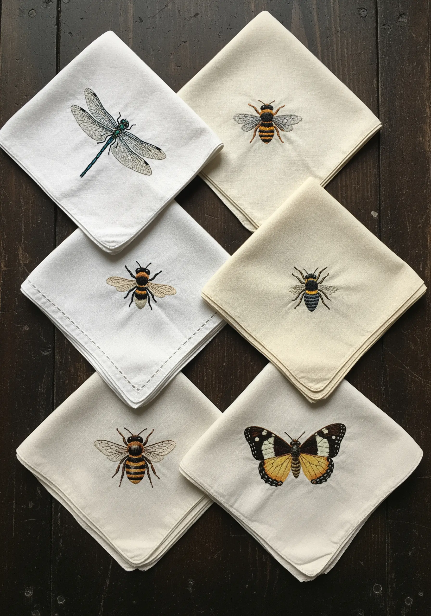 A collection of vintage handkerchiefs embroidered with detailed, realistic insects like bees and dragonflies.