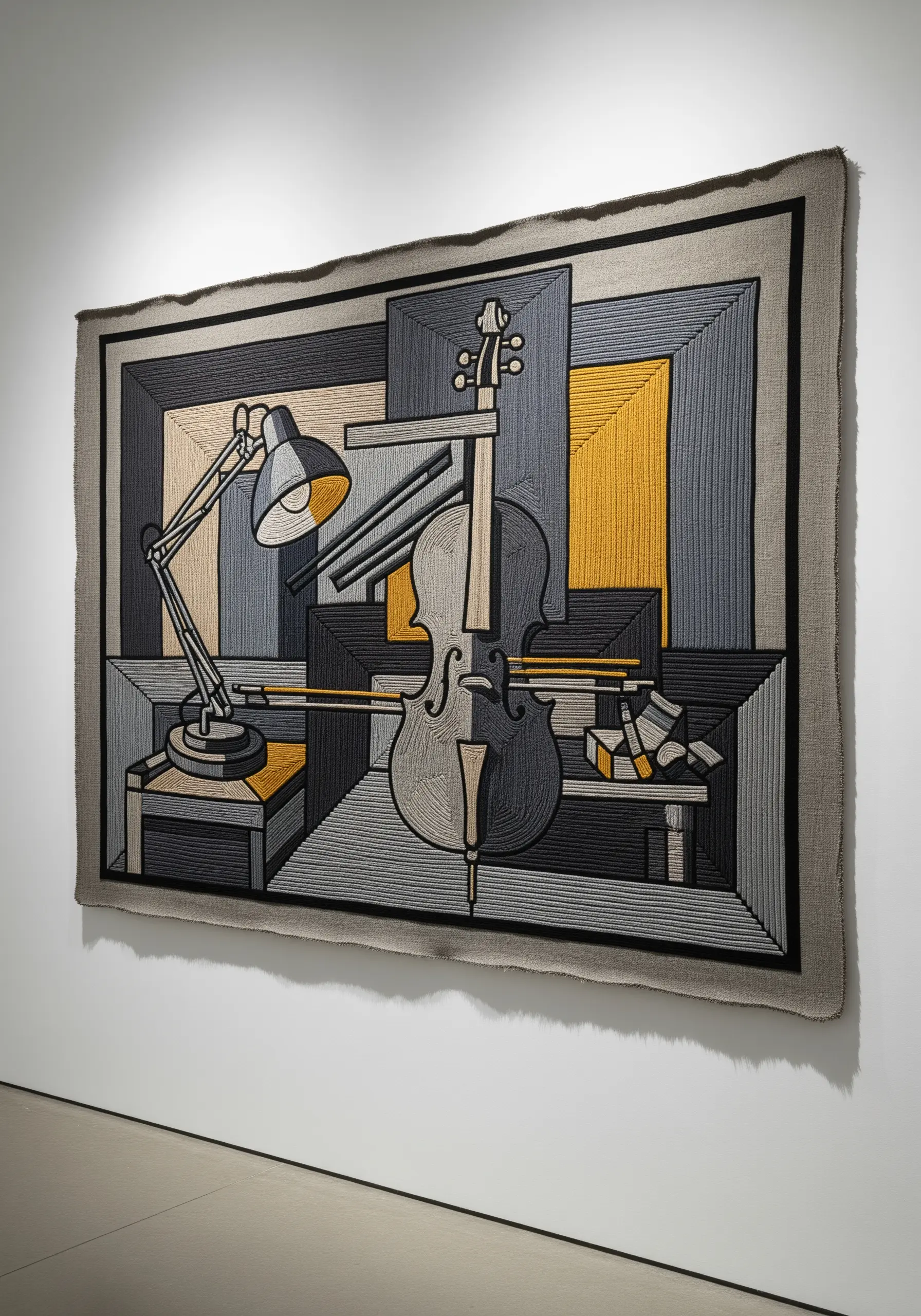 Cubist-inspired still life of a cello and lamp rendered in directional satin stitch.