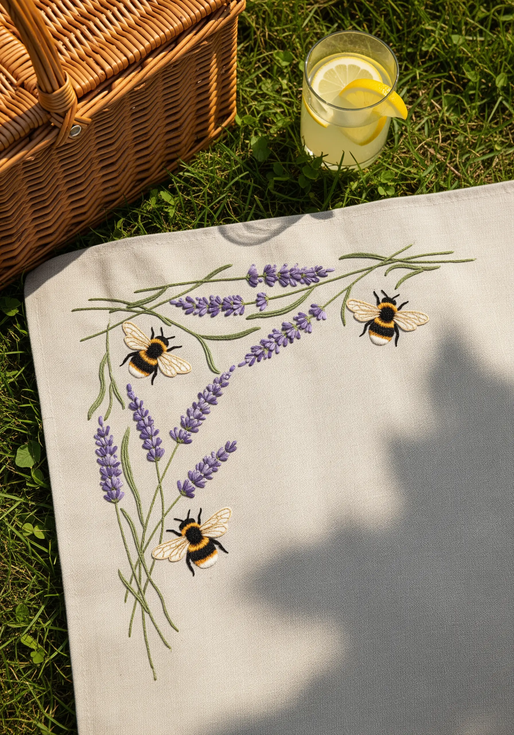 Embroidery detail of lavender sprigs and bumblebees on the corner of a linen picnic blanket.