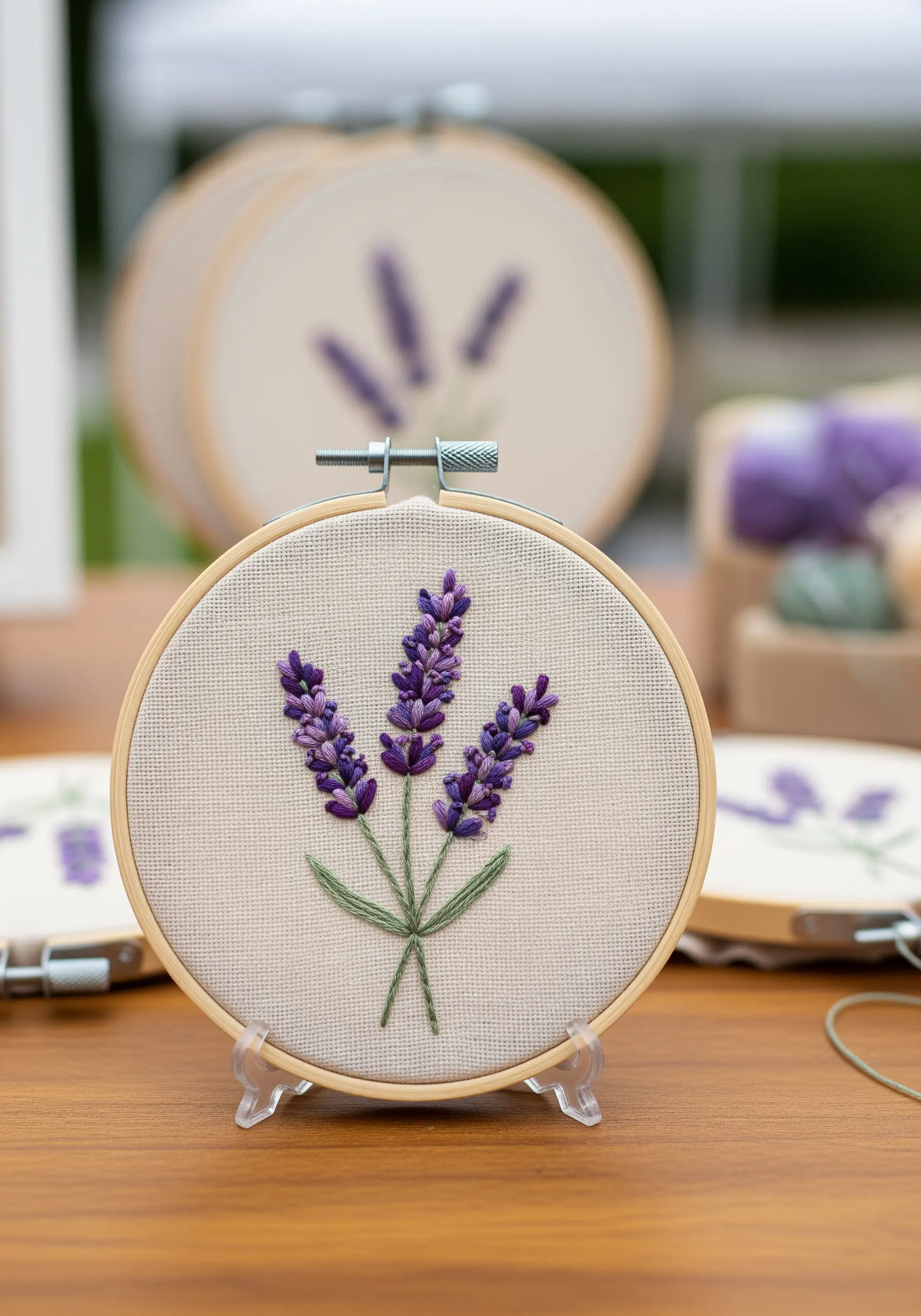 Embroidered lavender sprigs with textured French knots on a neutral linen fabric in a small hoop.