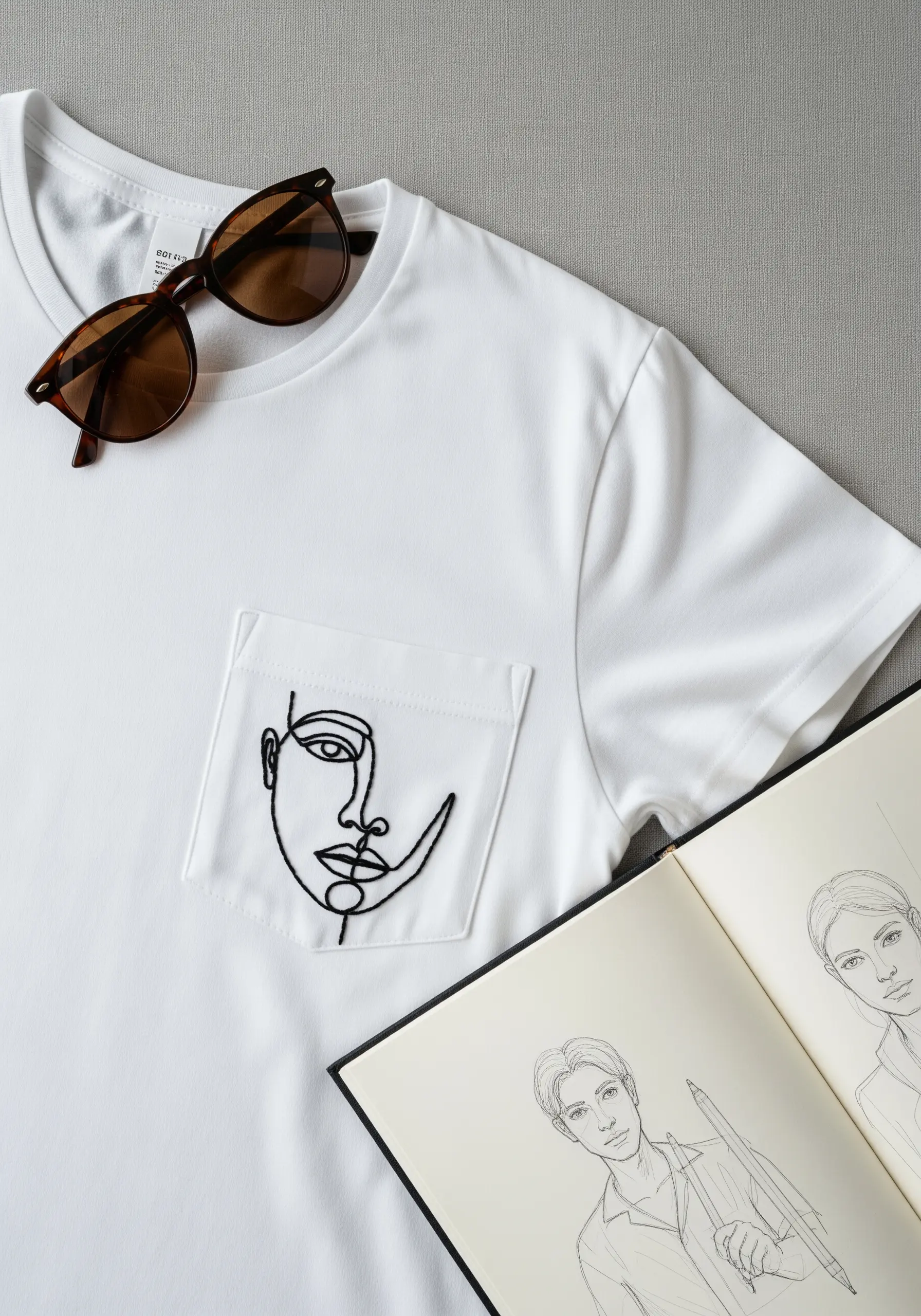 Single-thread line art face embroidered on the pocket of a white t-shirt.
