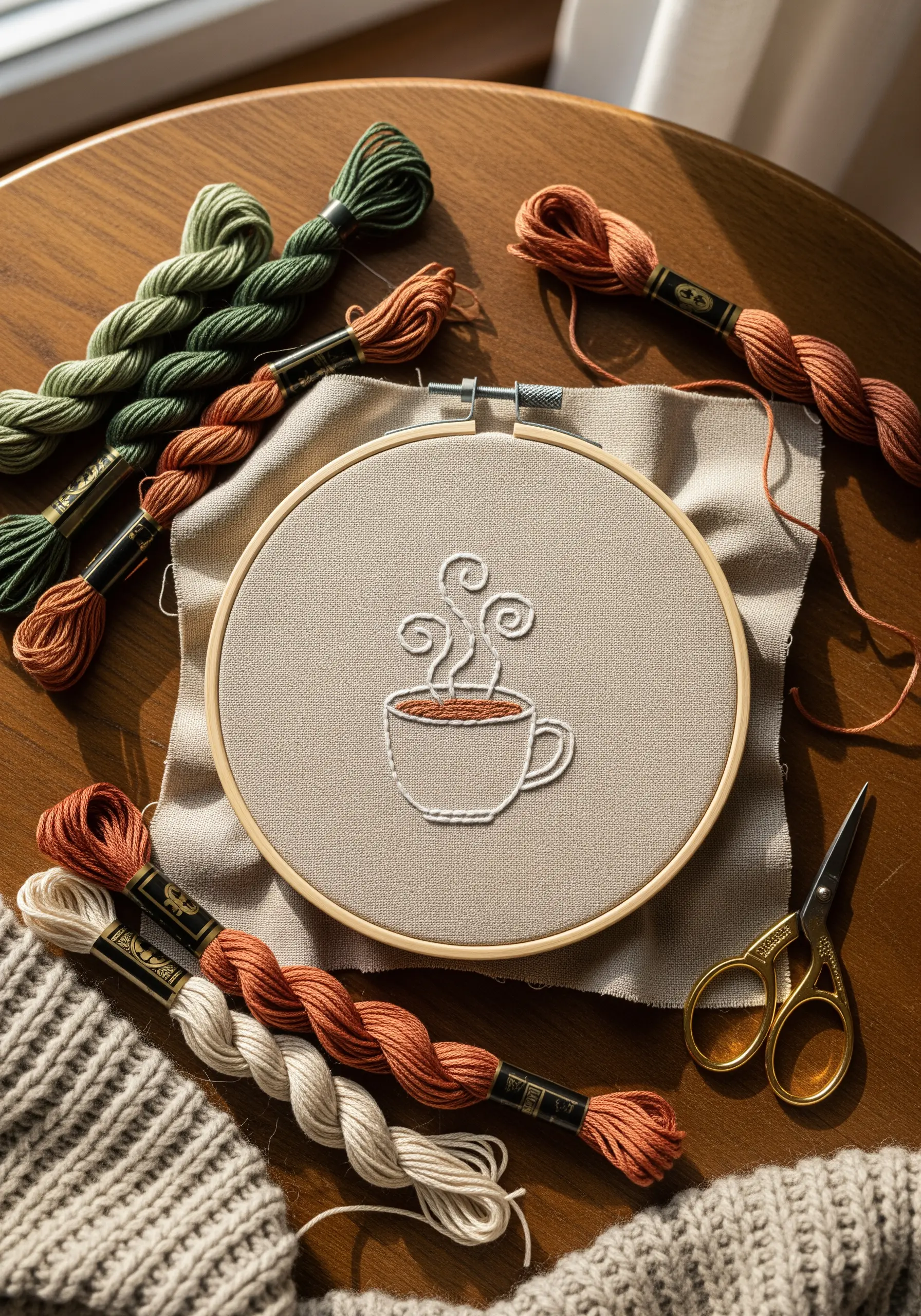 Minimalist line art embroidery of a coffee cup with swirling steam on neutral fabric.