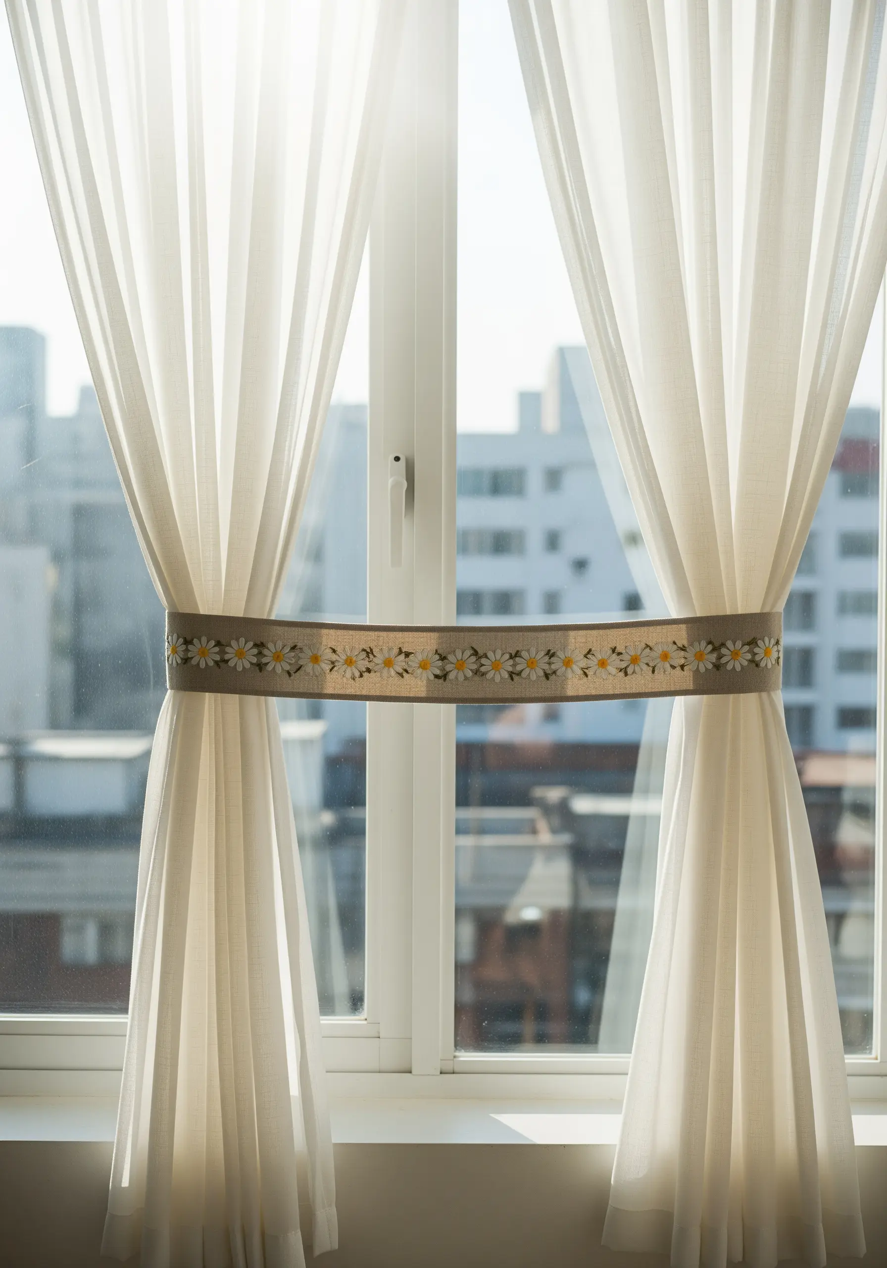 White curtain tied back with a beige band featuring a chain of embroidered daisies