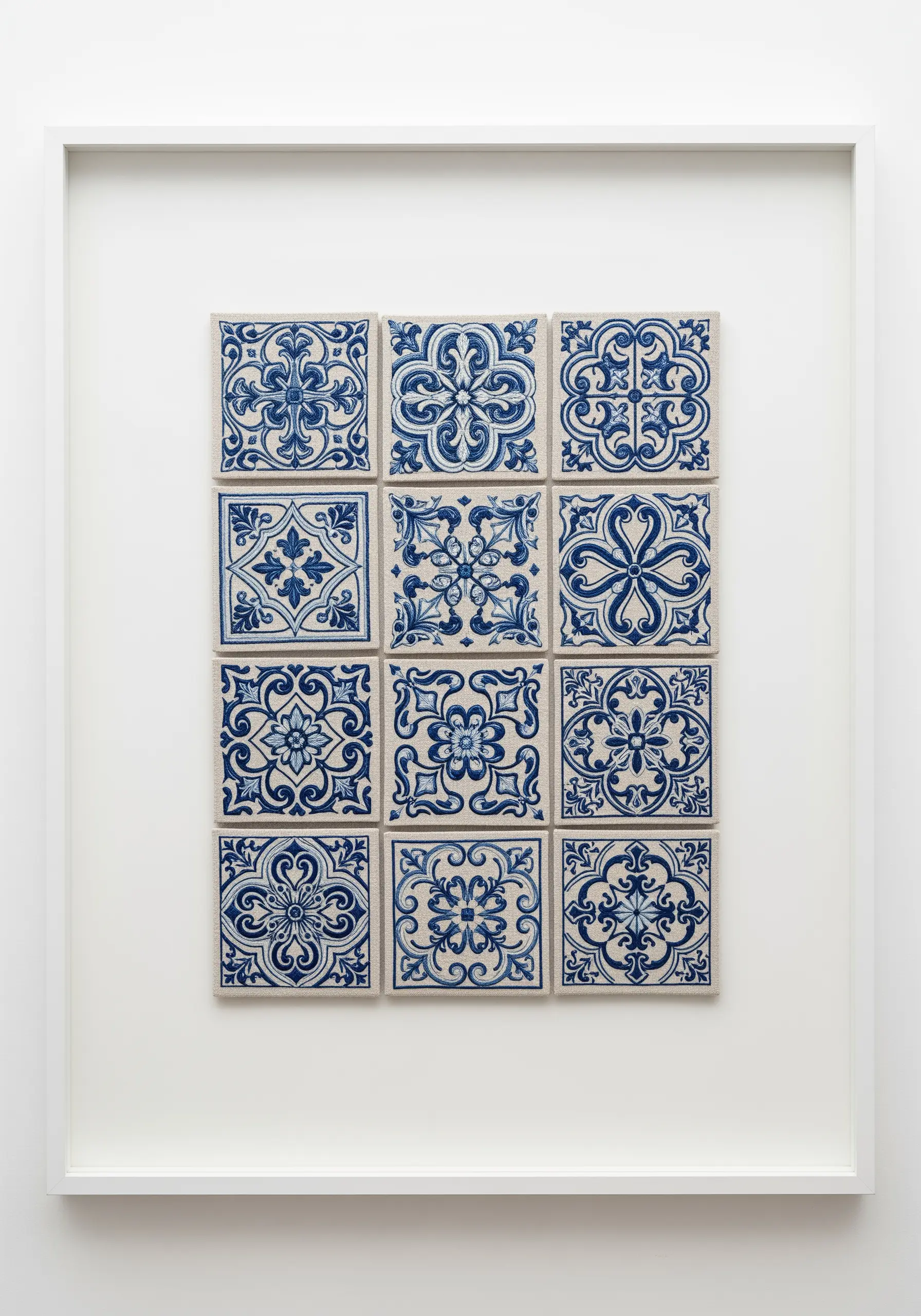Twelve embroidered squares replicating blue and white Portuguese Azulejo tiles, framed together.