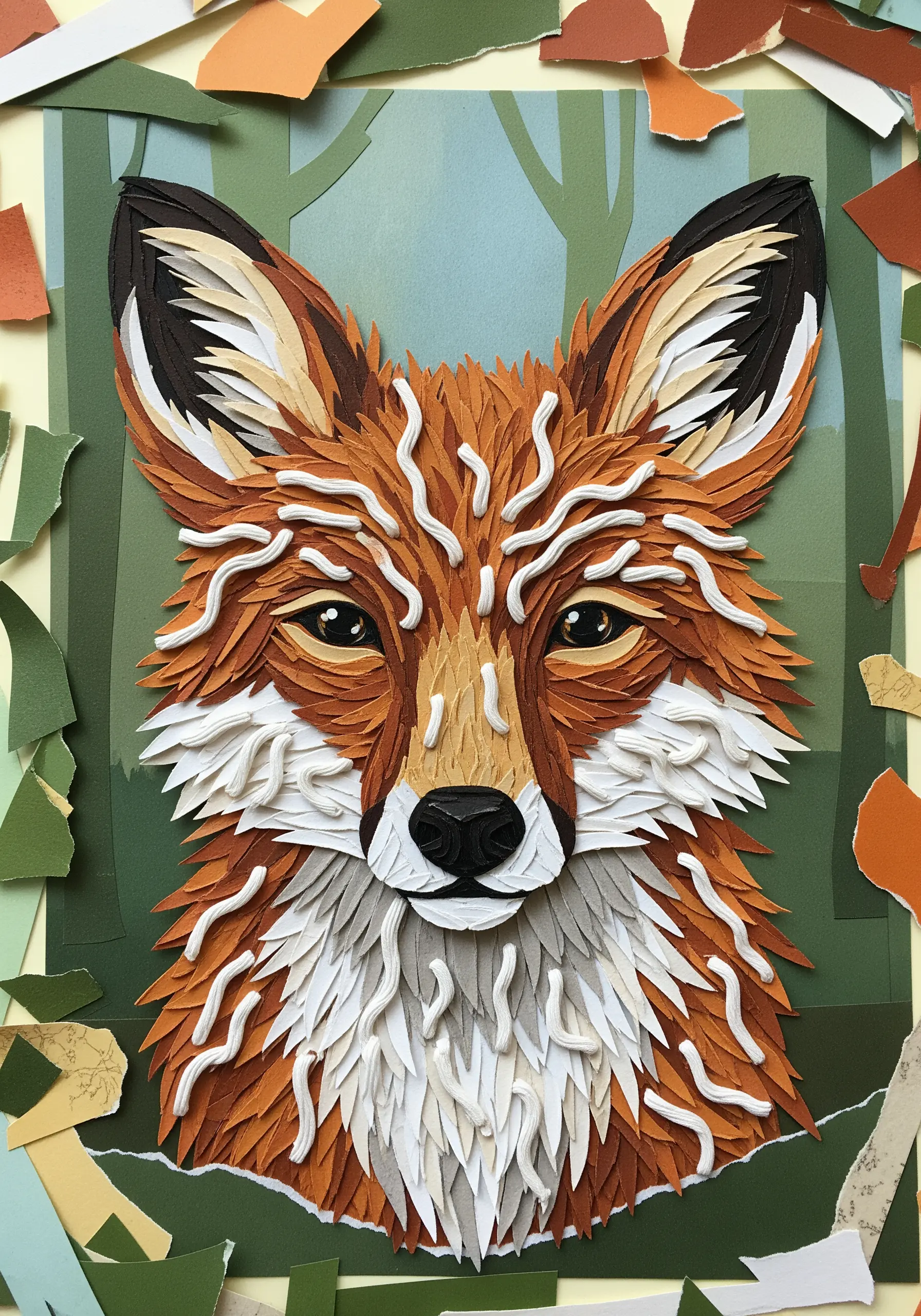 A detailed paper collage portrait of a red fox with layered paper creating fur texture.