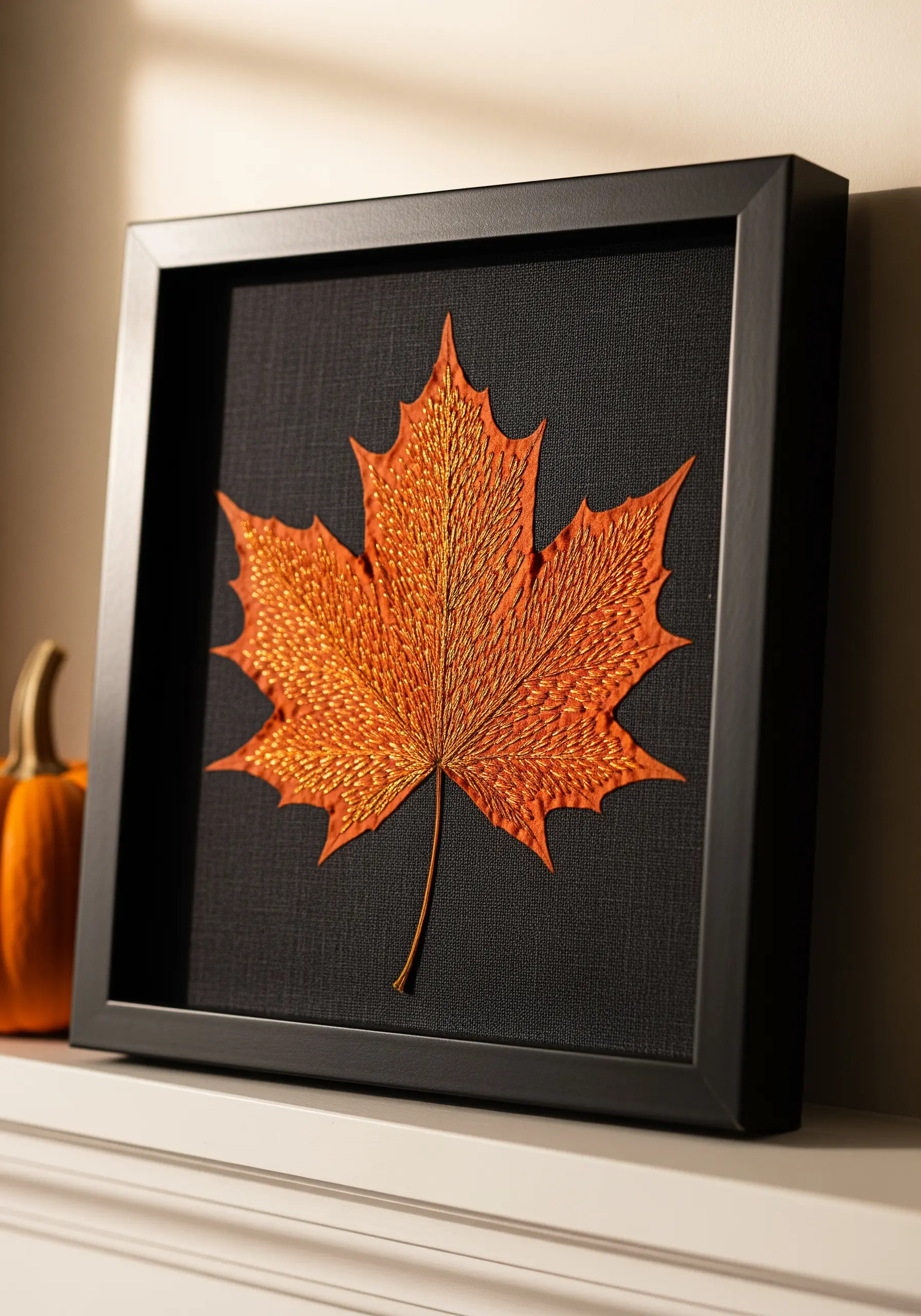 Thread-painted maple leaf in orange and gold on black fabric.