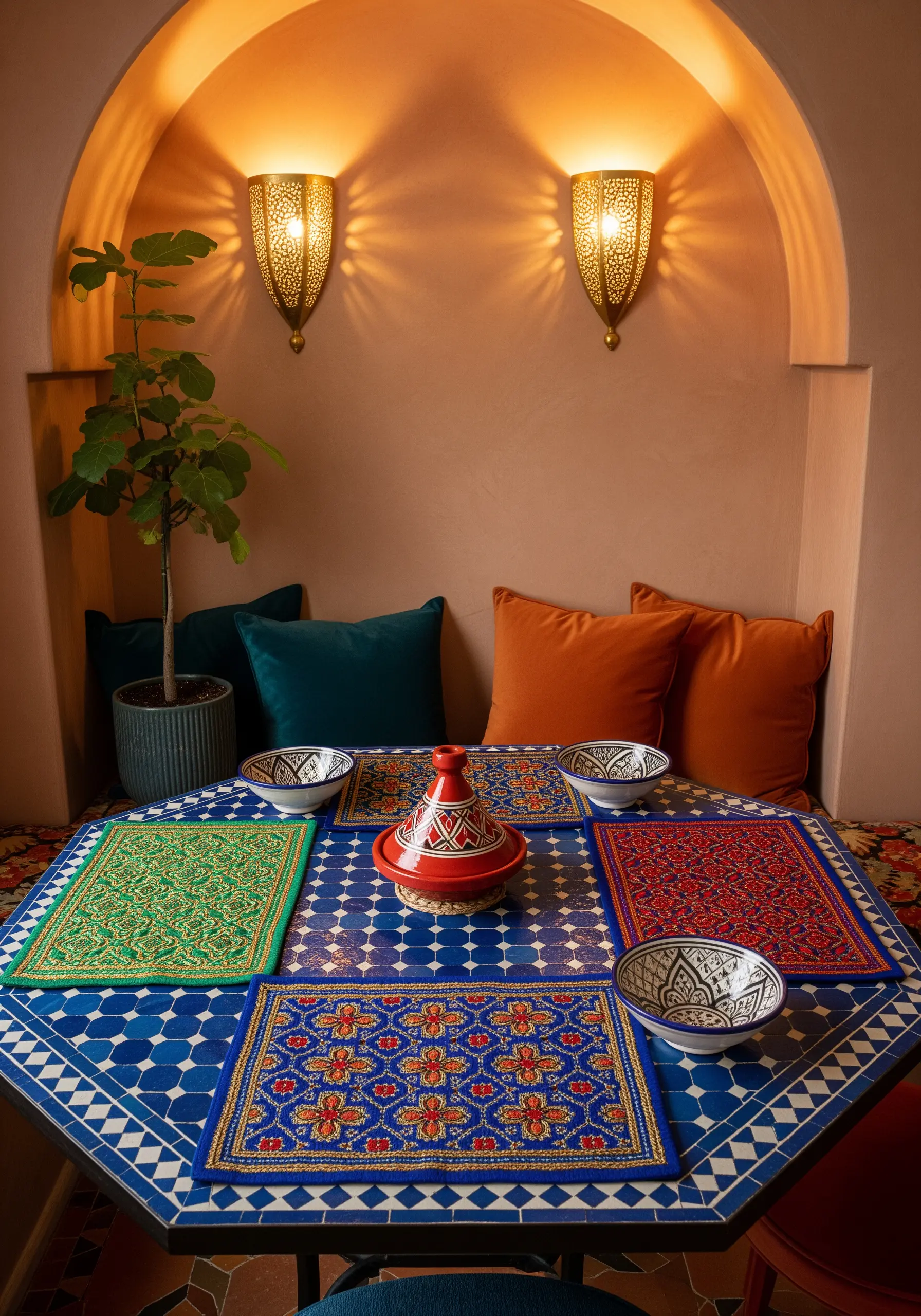 Intricately embroidered placemats inspired by colorful Moroccan tile patterns