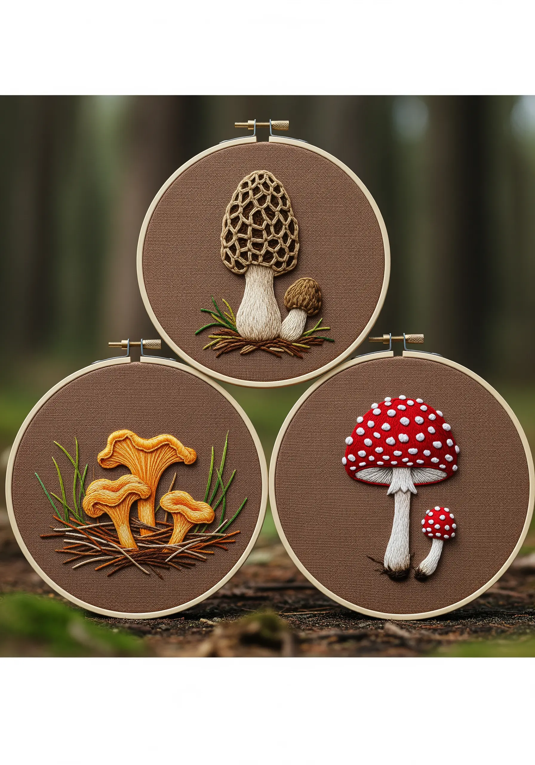 Three types of wild mushrooms—morel, chanterelle, and fly agaric—stitched in separate hoops.