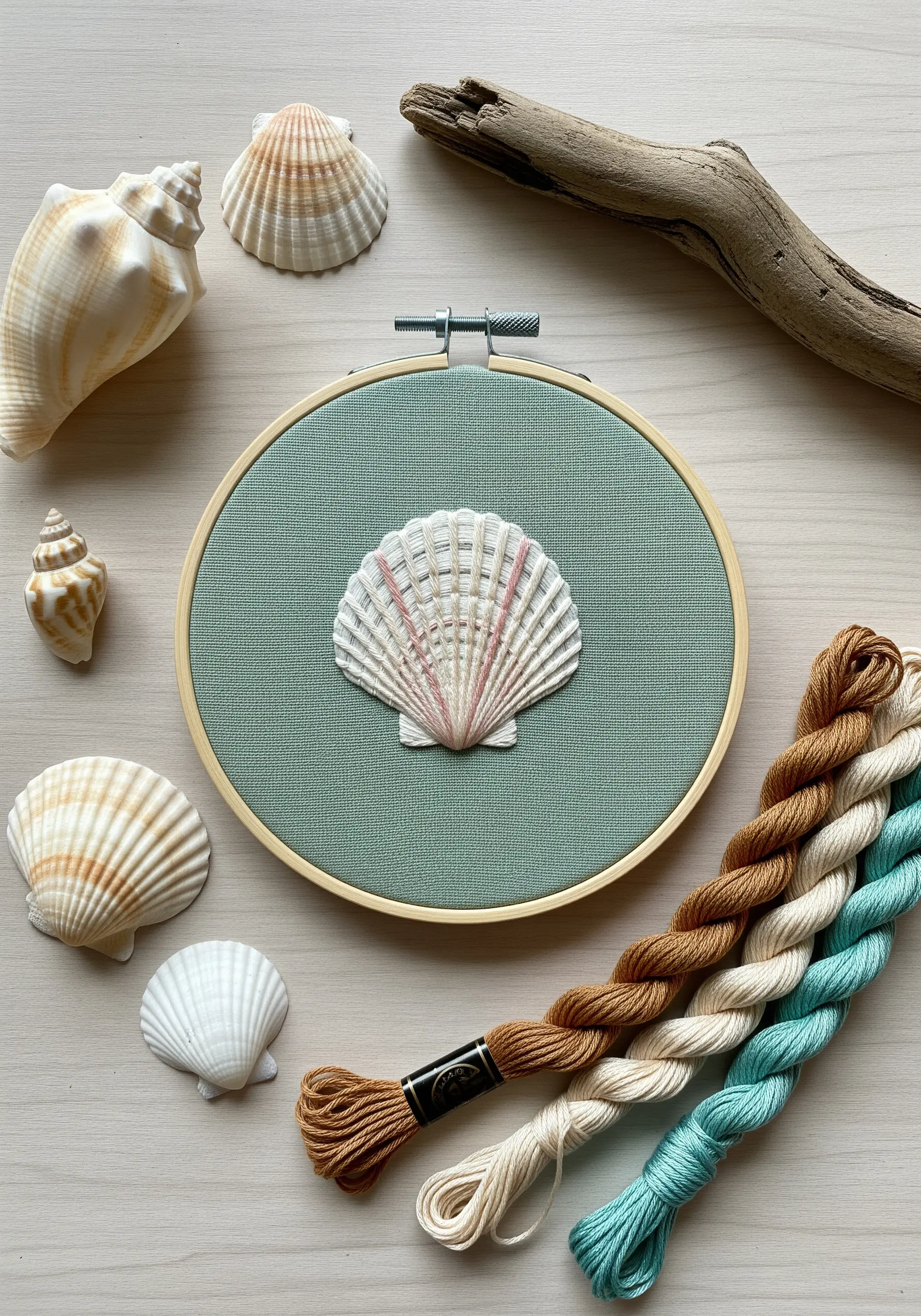 Embroidered seashell with long, directional stitches creating a realistic ridged texture.