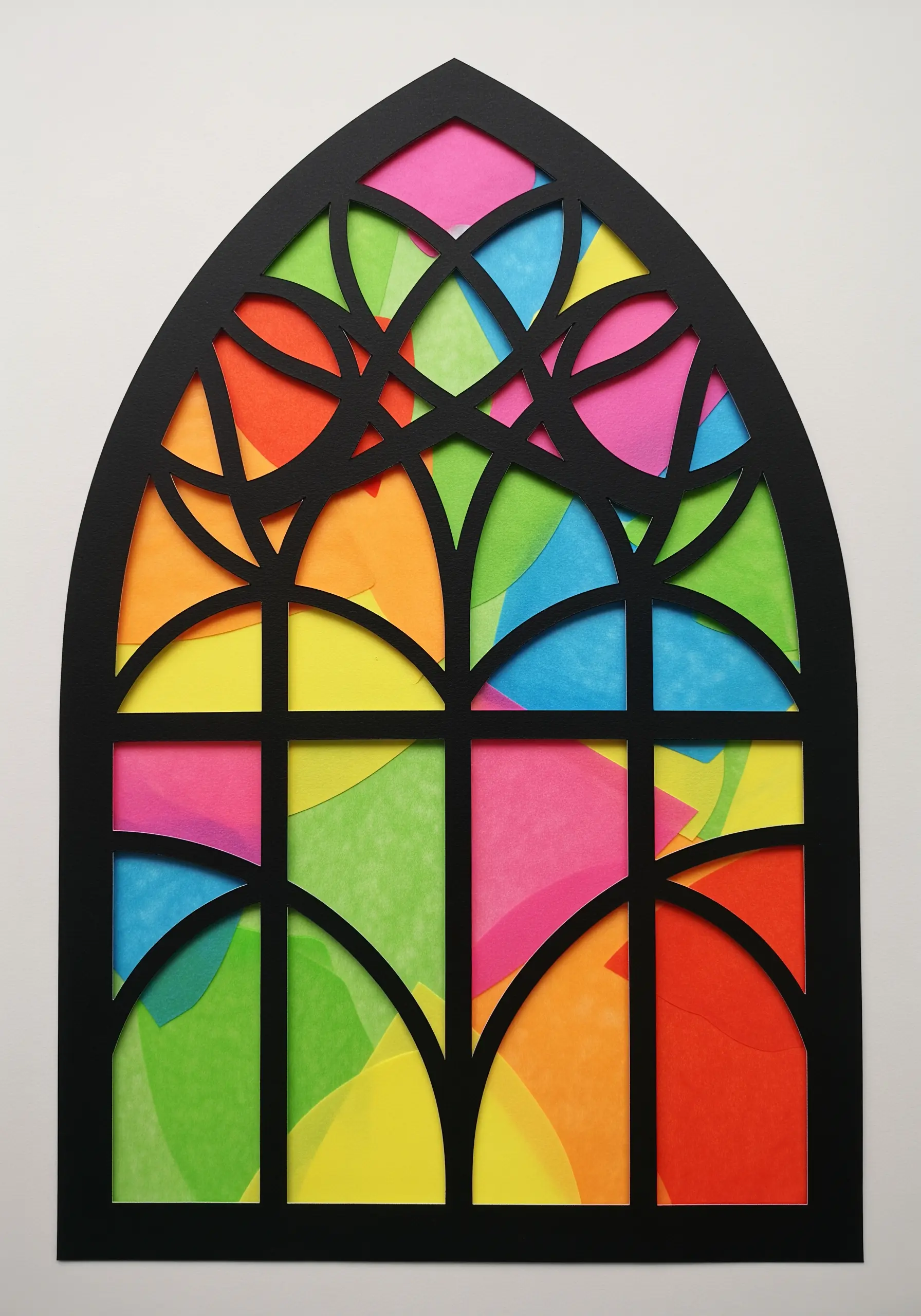 A paper collage of a stained glass window with a black frame and vibrant colored panes.