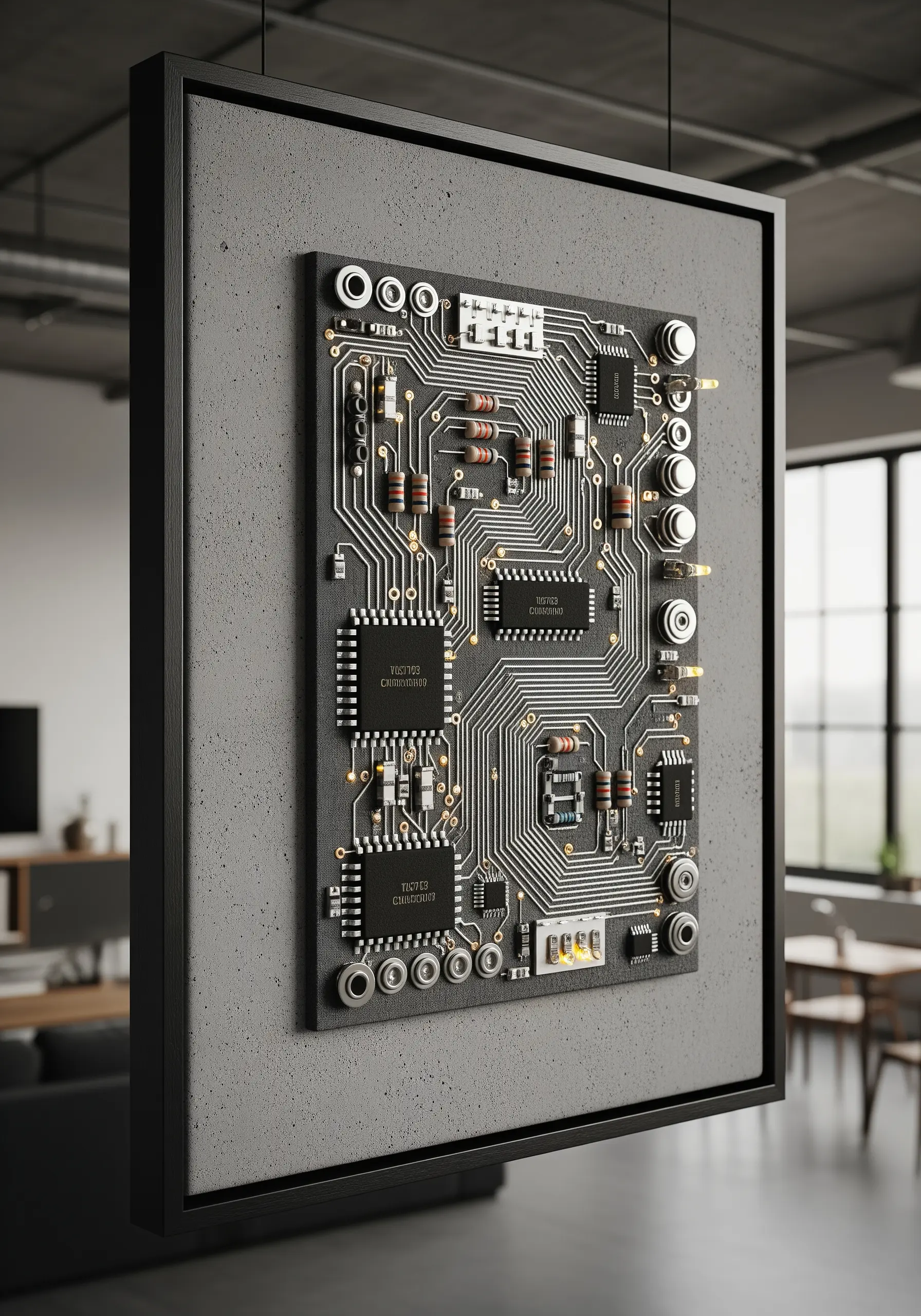 A framed, highly detailed embroidery of a computer circuit board using metallic threads and beads.