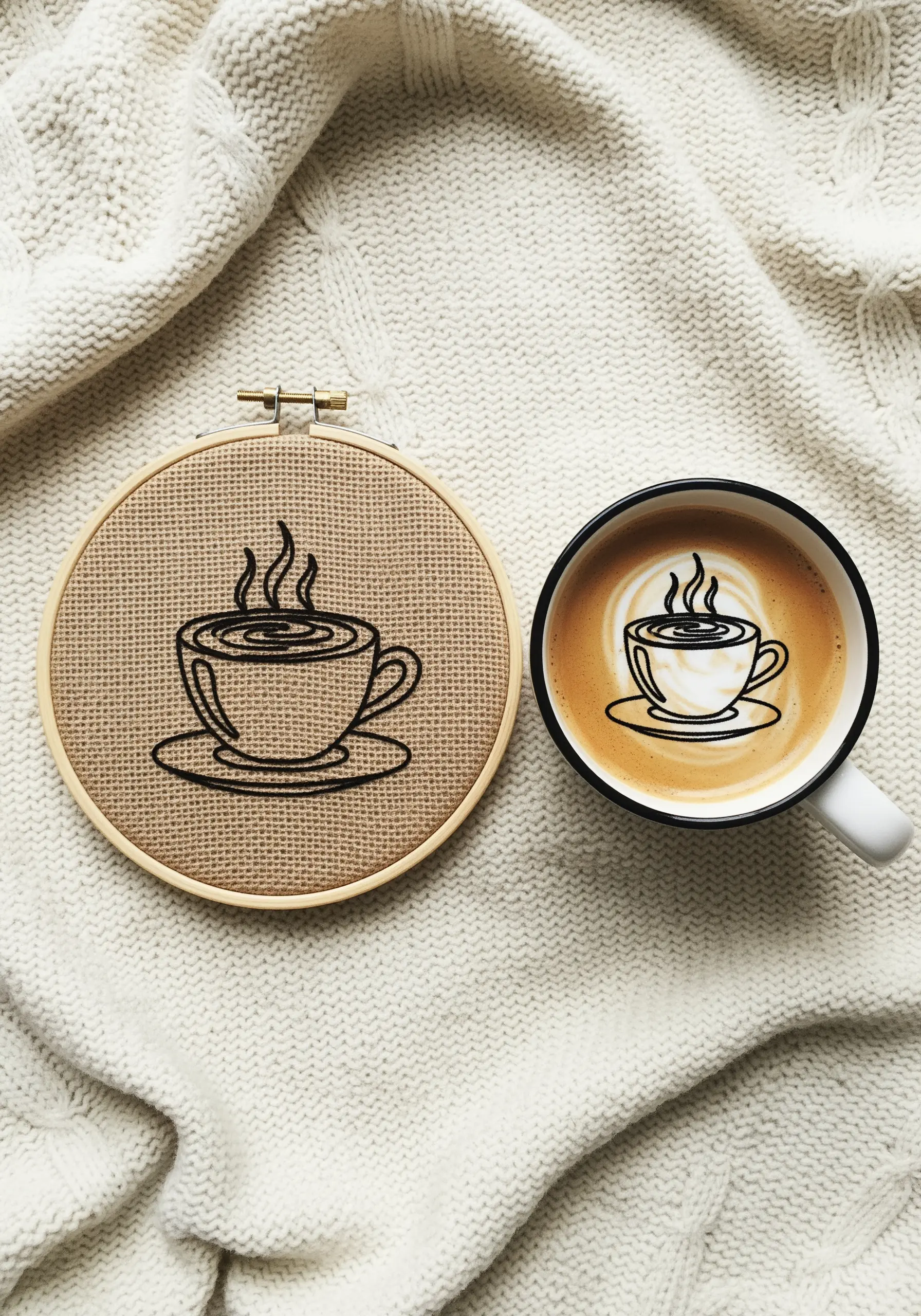 A line-art coffee cup embroidered in black thread on a rustic burlap fabric hoop.