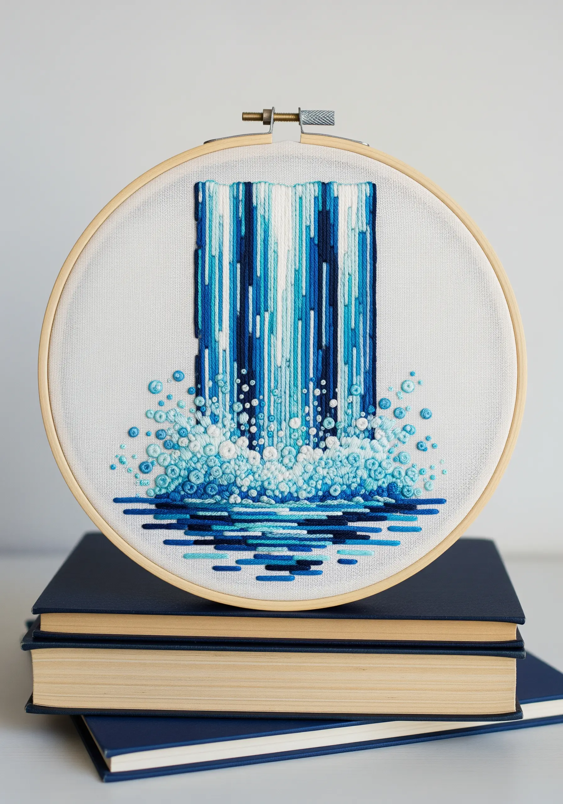Abstract waterfall embroidery with vertical stitches and a splash of french knots.