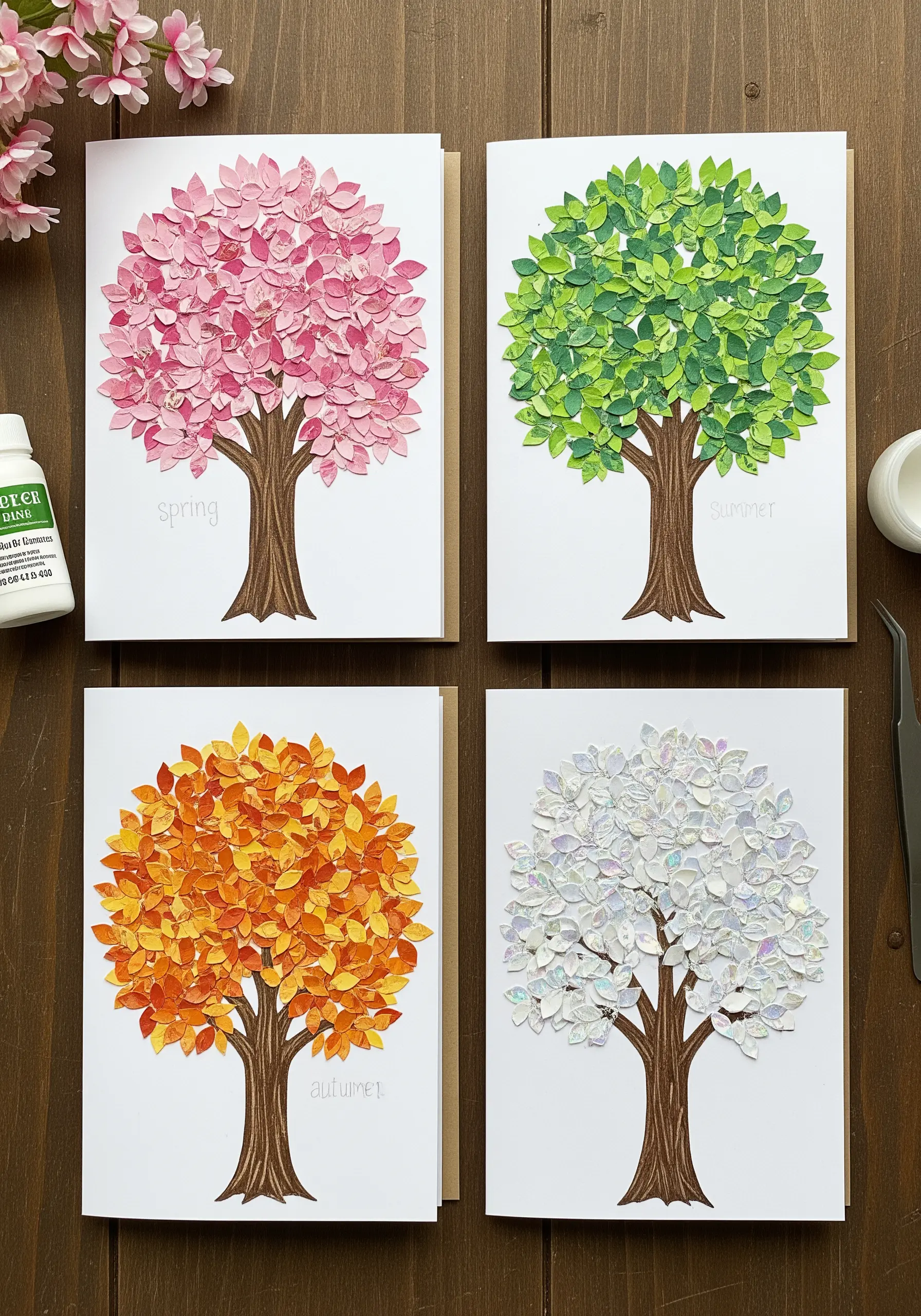 Four greeting cards showing a tree in each of the four seasons, made from paper collage.