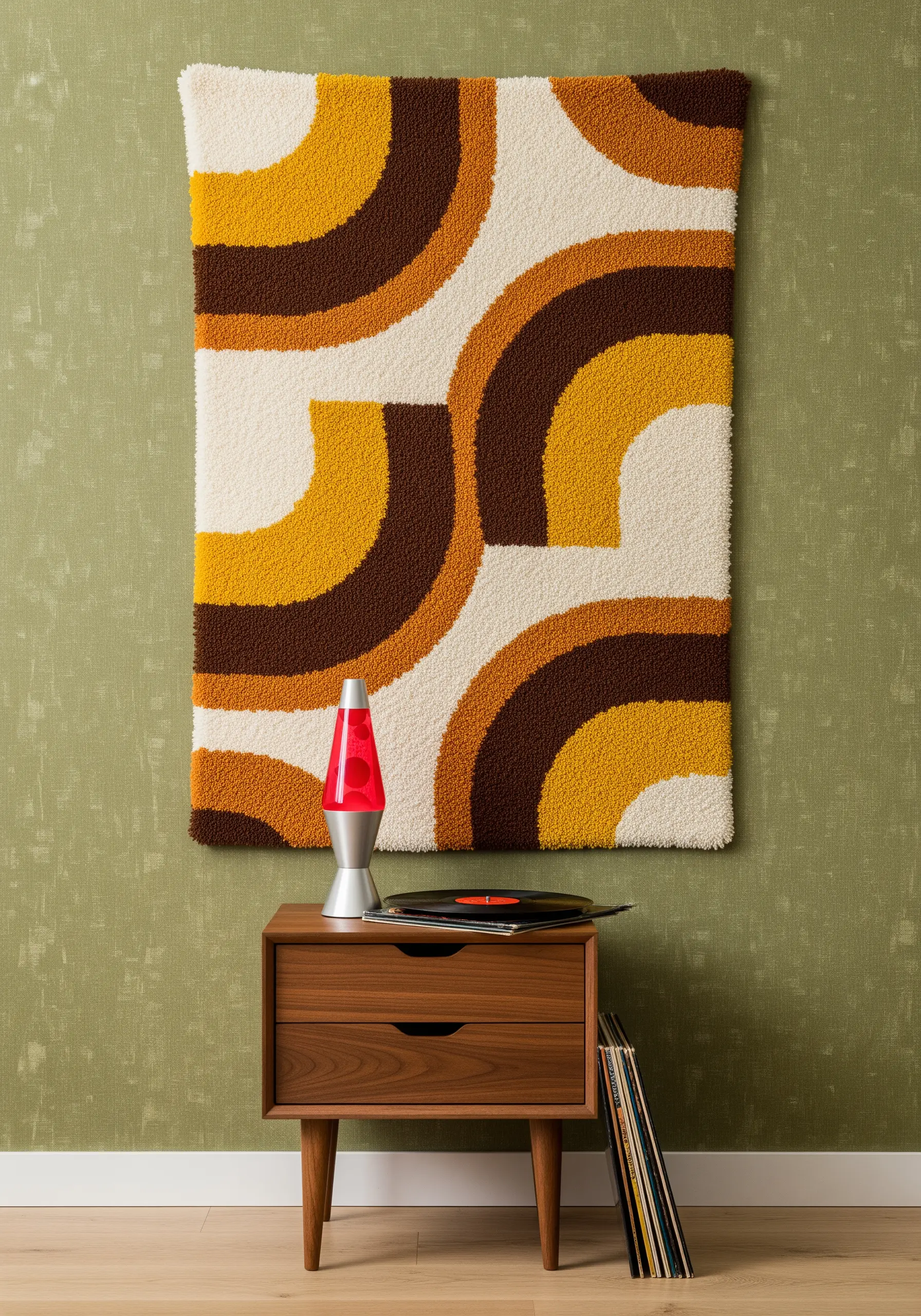 Rectangular shag wall hanging with retro yellow and brown curves