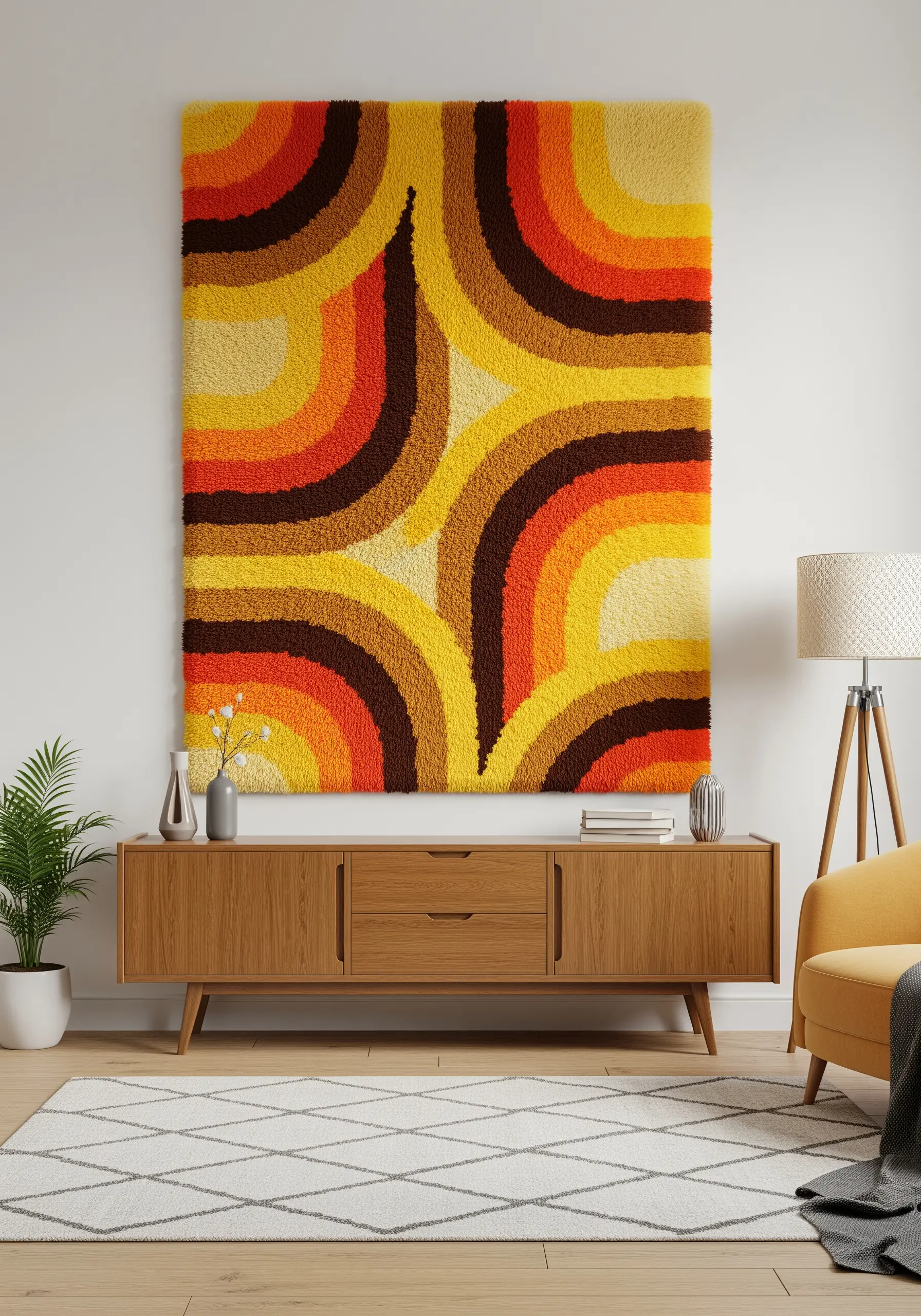 70s style shag latch hook wall hanging in yellow, orange, and brown