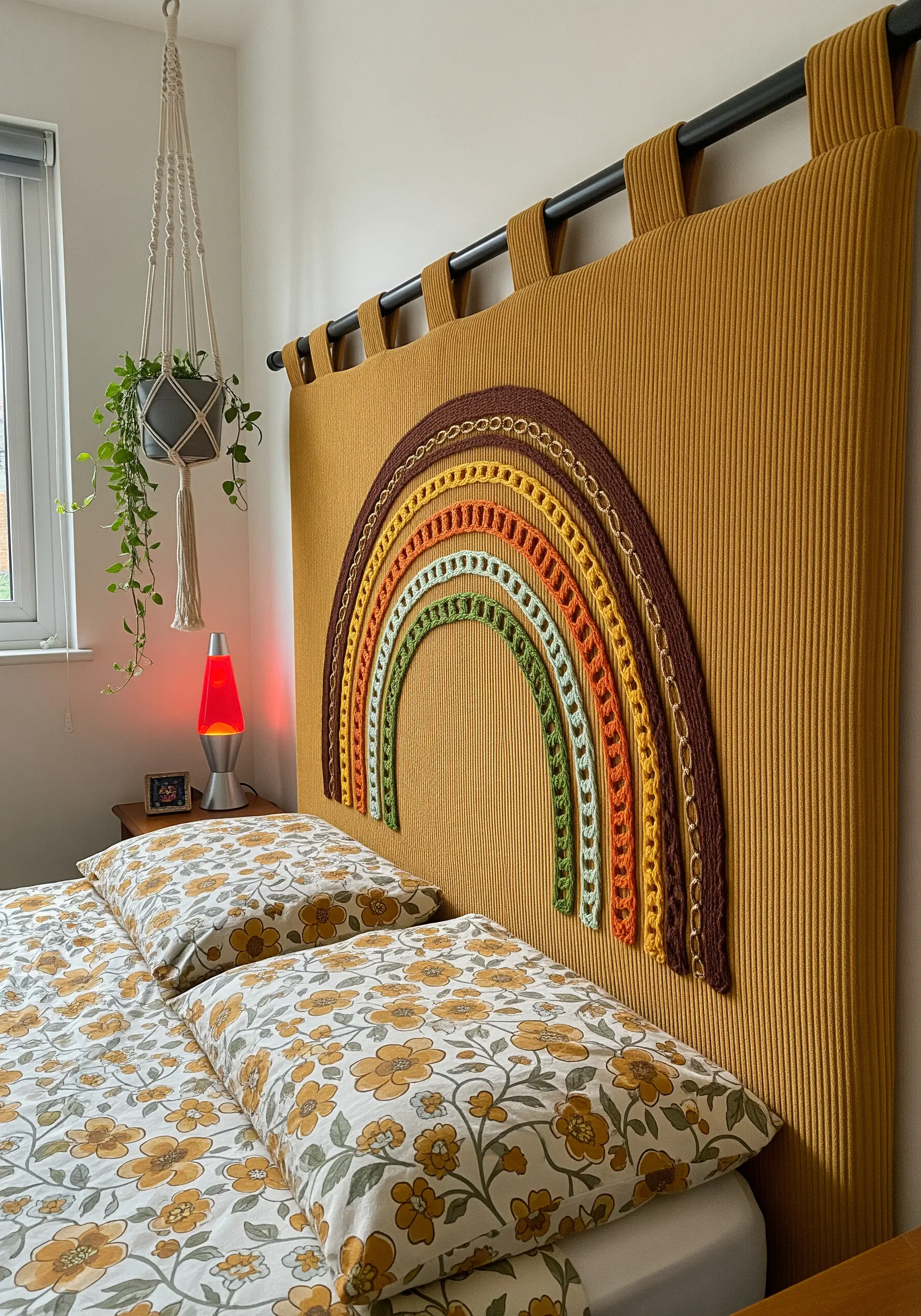 A rainbow motif made from layered crocheted chains on a mustard corduroy headboard.