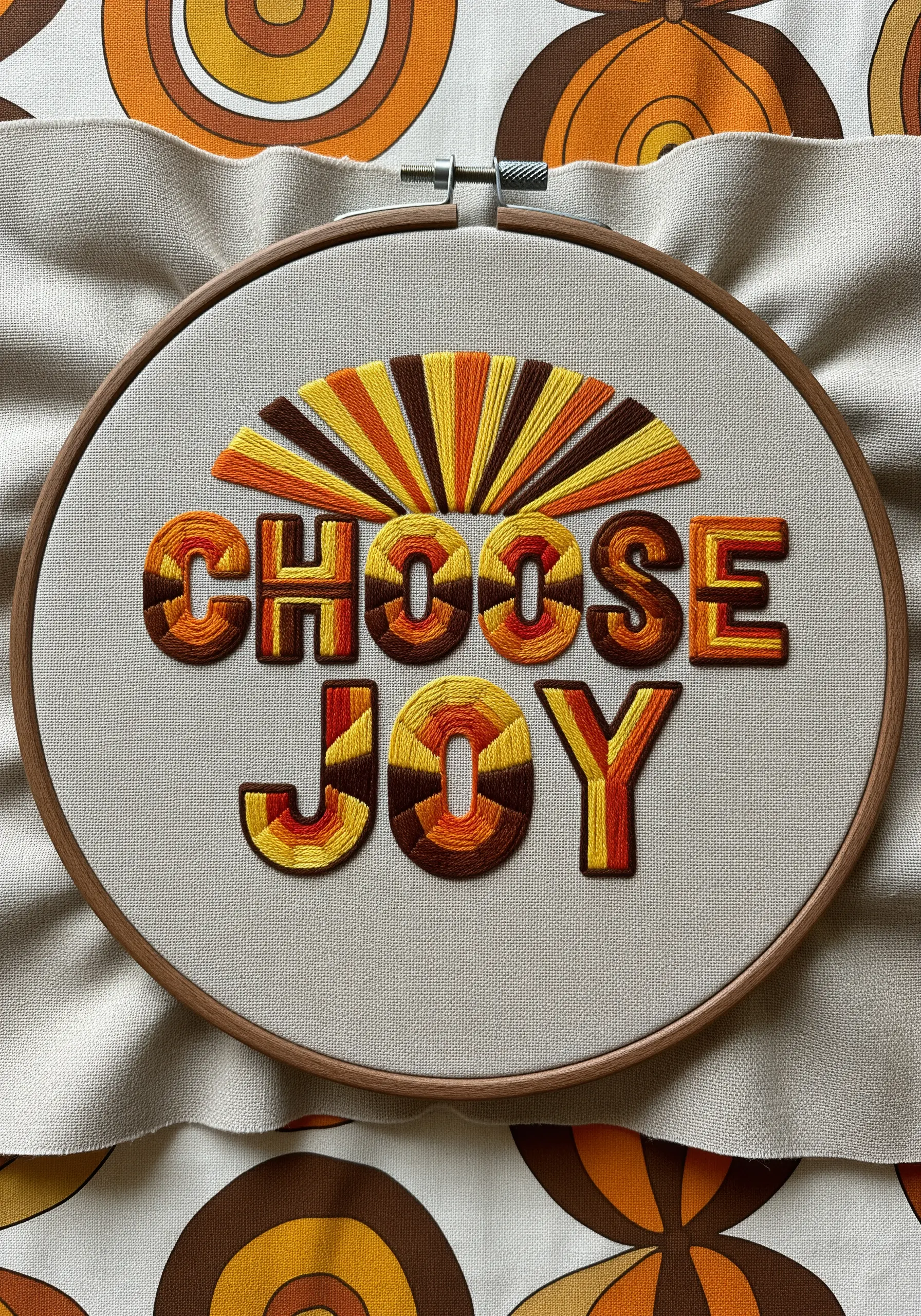 Retro 70s style embroidery hoop saying CHOOSE JOY in orange and yellow