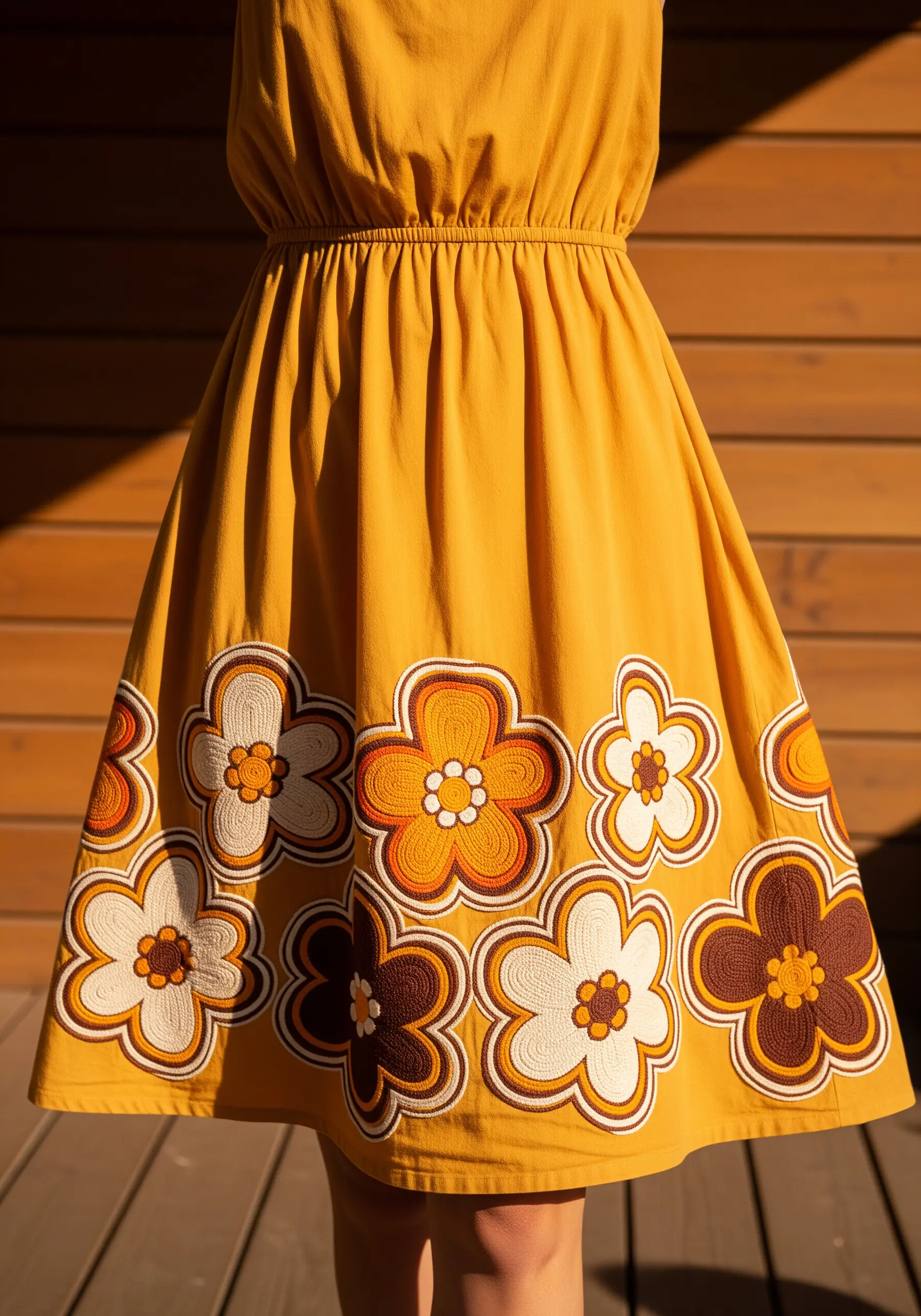 Mustard yellow dress with large brown and white retro flower embroidery