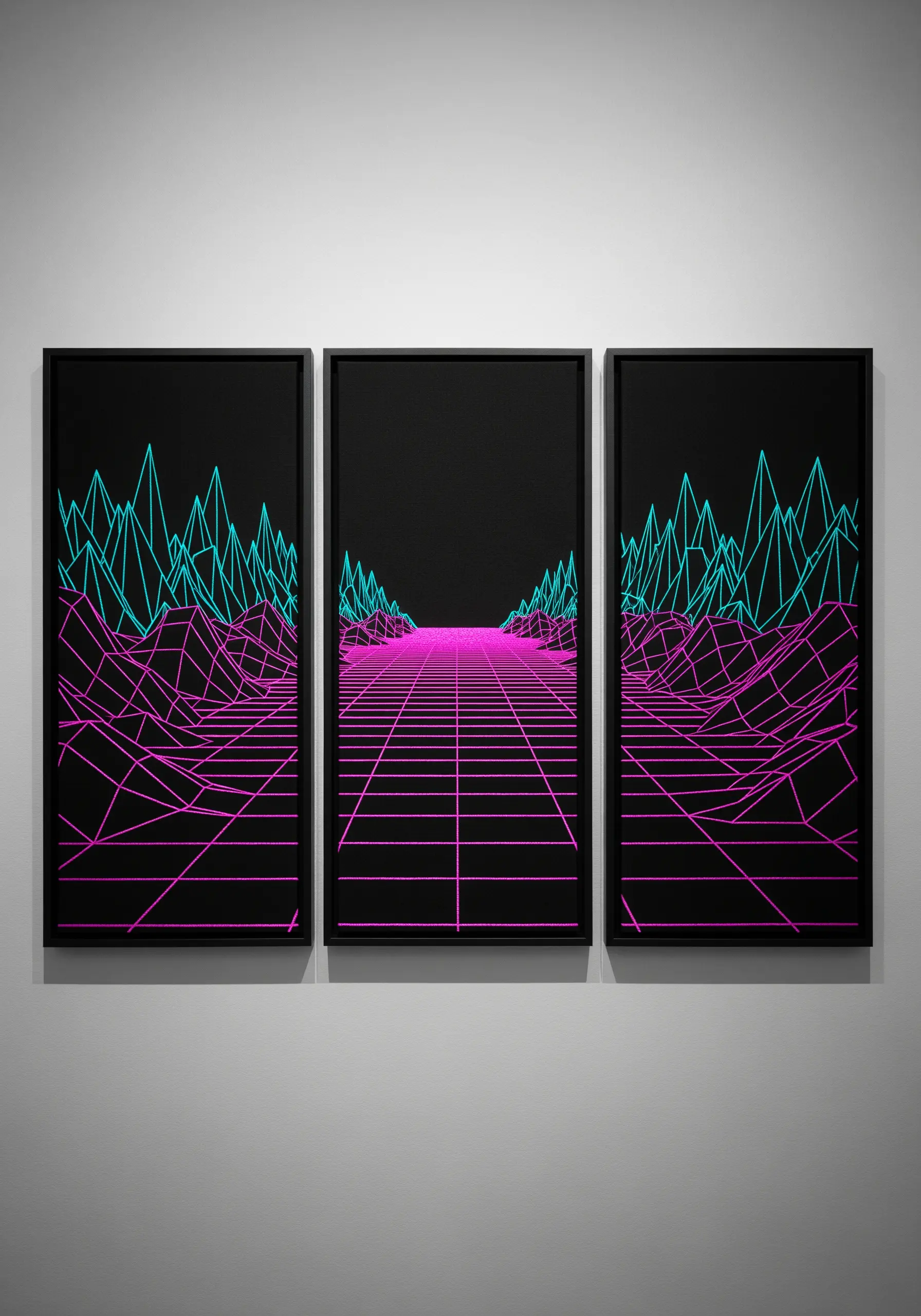 A three-panel embroidery of a neon retro-futuristic grid landscape in pink and cyan.