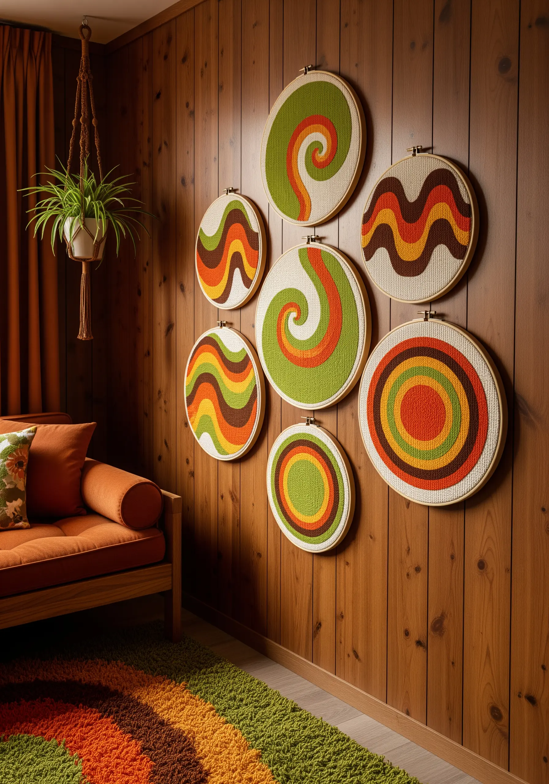 A gallery wall of hoops with 70s-inspired swirls and waves in retro colors.