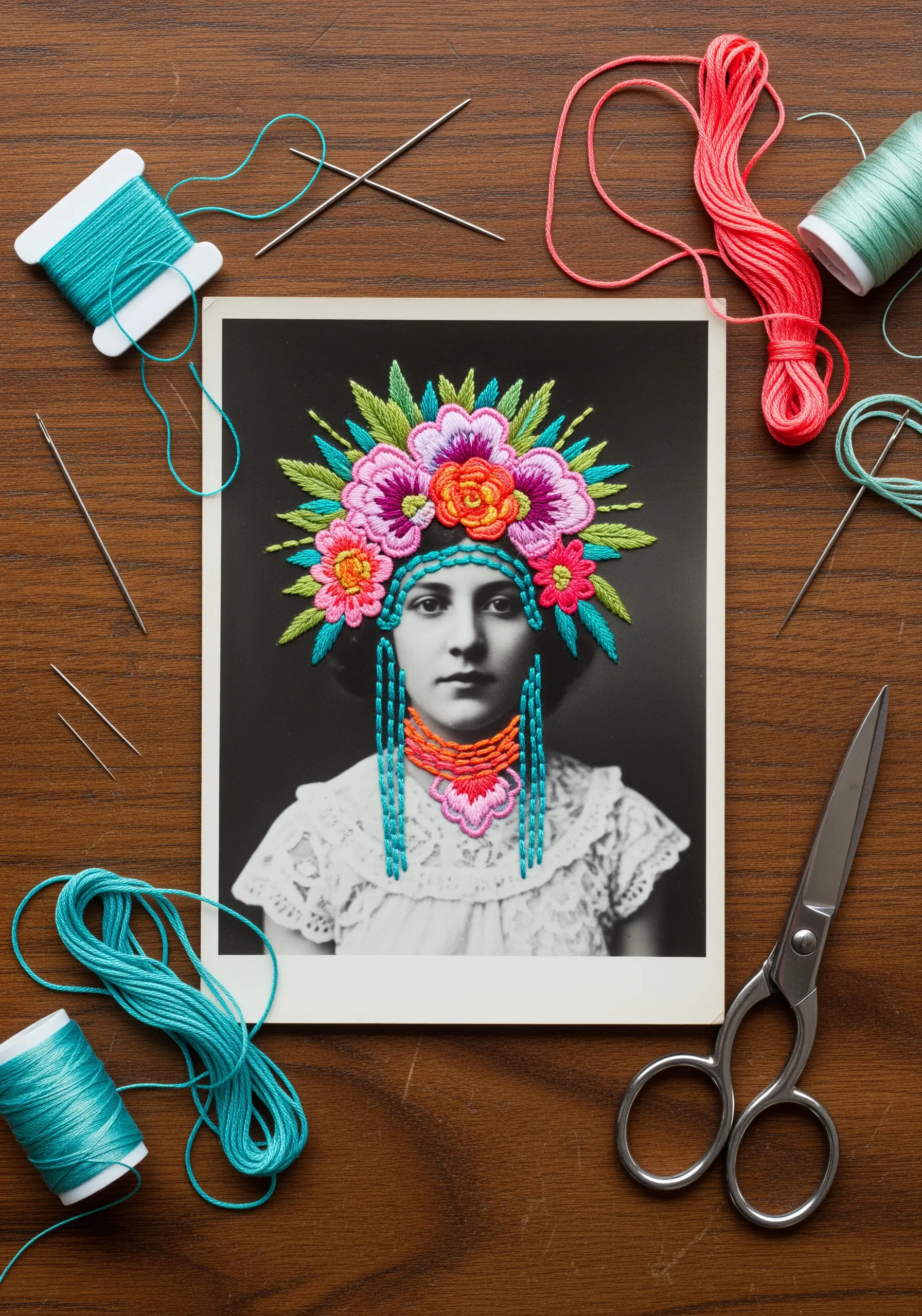 Embroidery on vintage photo adding colorful floral crown detail