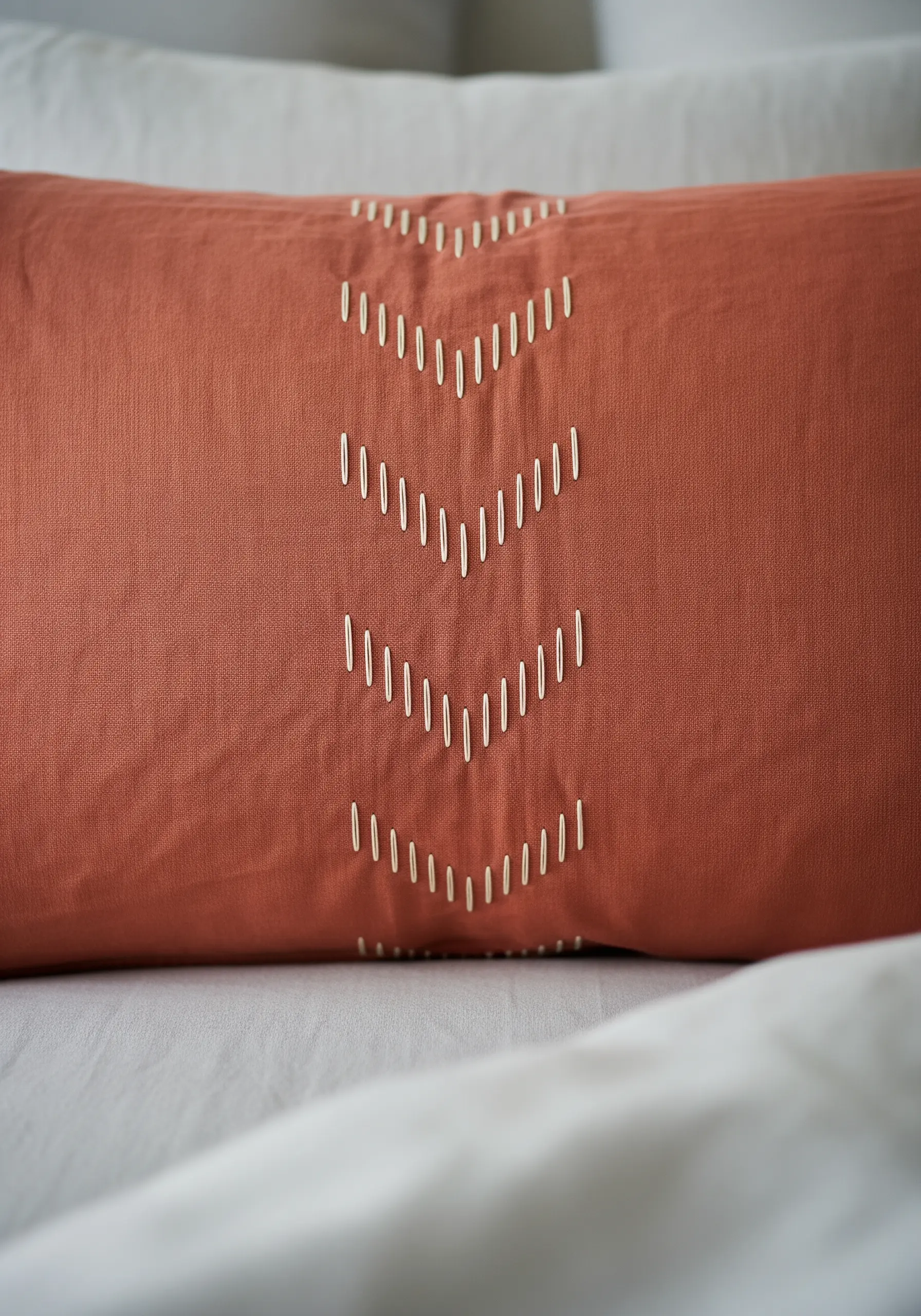 A pattern of chevron shapes made with white running stitches on a terracotta pillow.