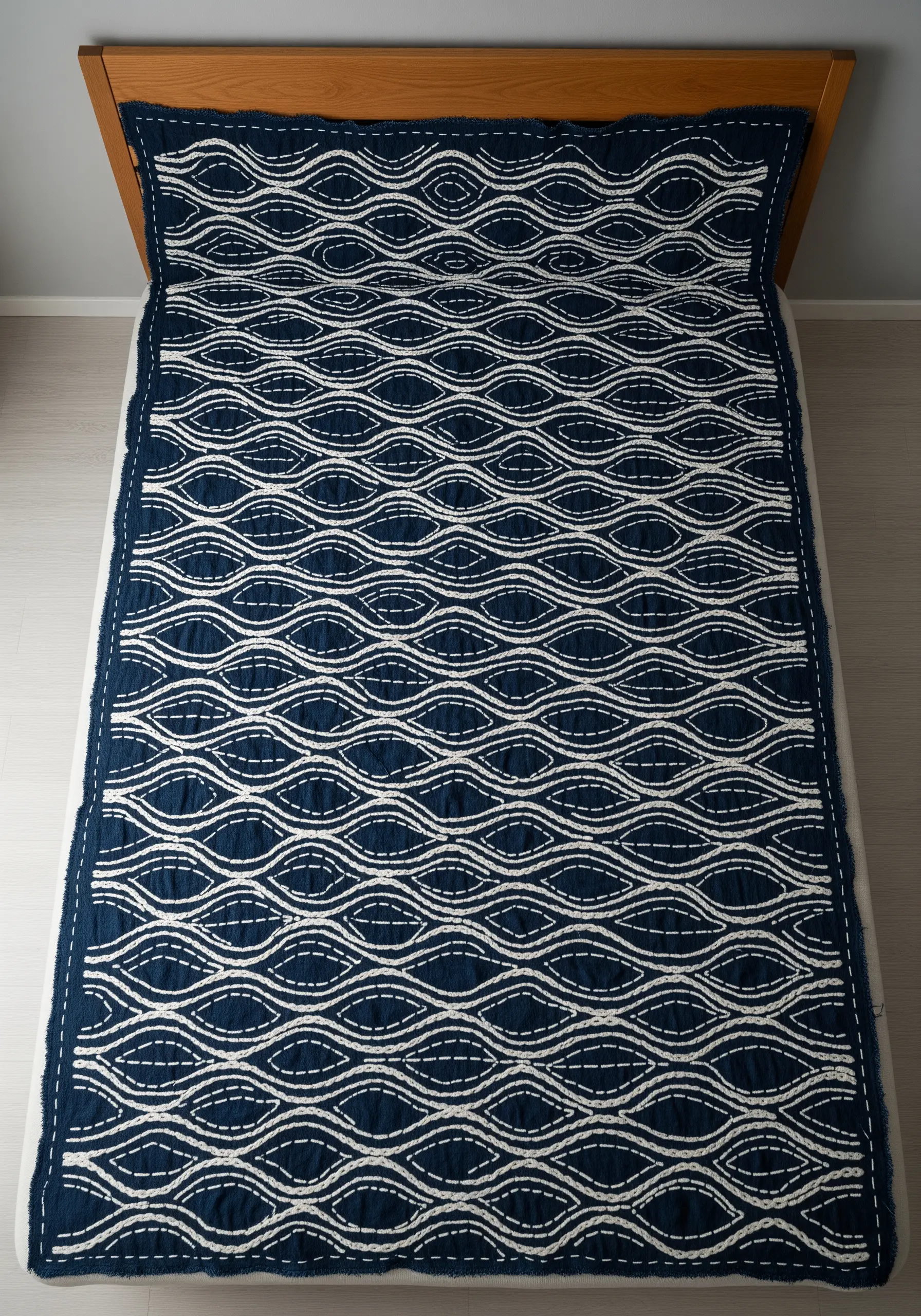 White sashiko-style running stitches creating wavy patterns on a navy quilt.
