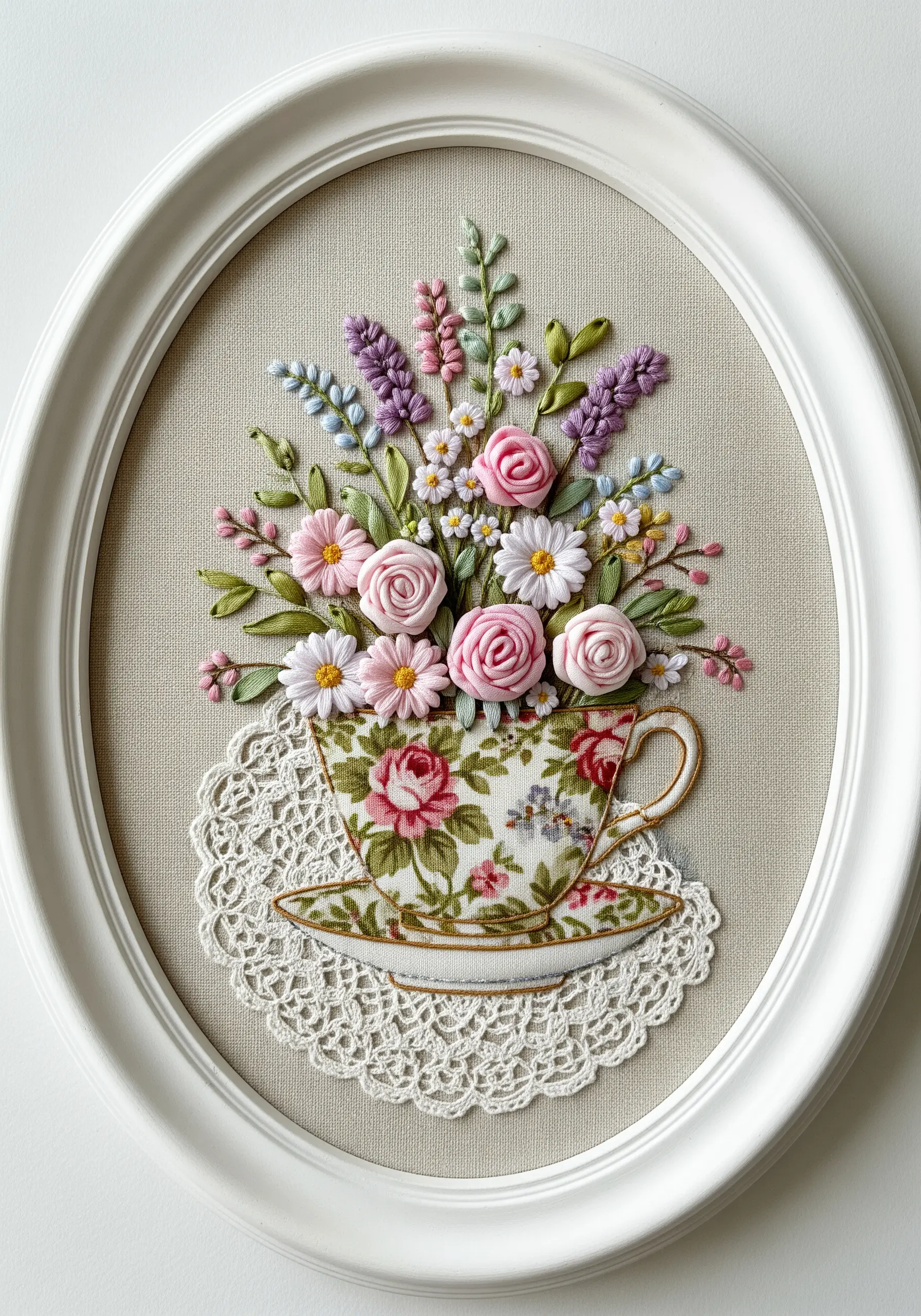 A fabric appliqué teacup overflowing with 3D silk ribbon embroidery flowers.