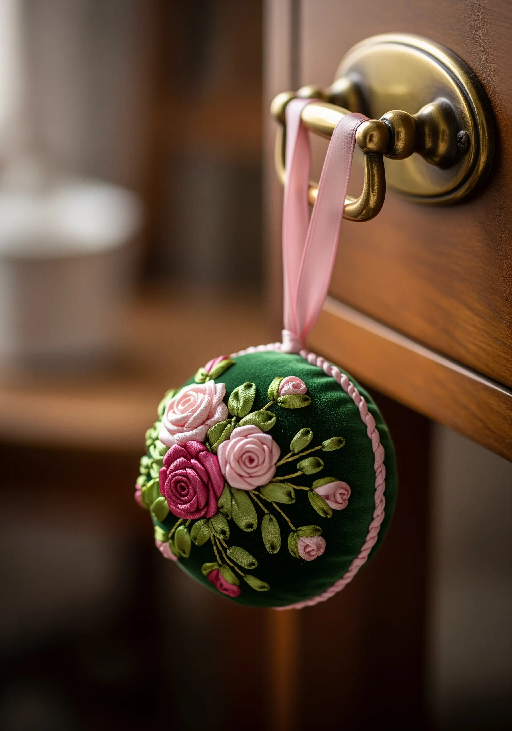 Green velvet ornament with pink ribbon embroidery roses
