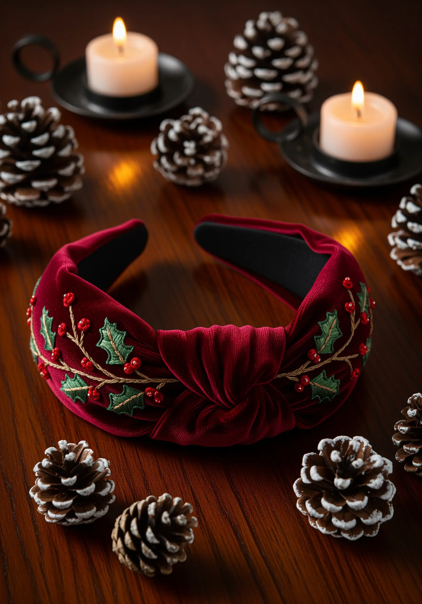 Holly and berry embroidery on red velvet headband