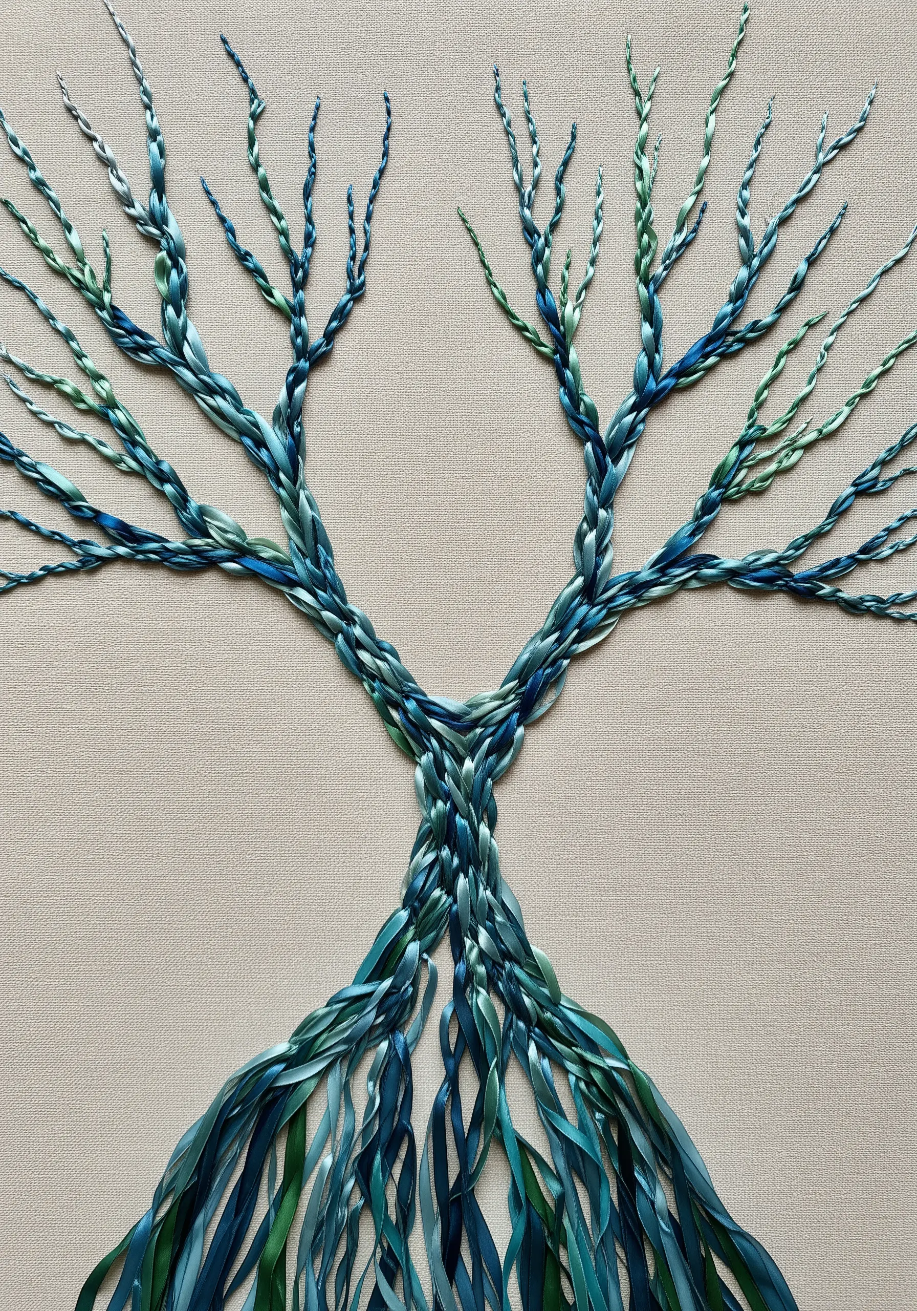 Embroidery of a branching tree or river delta made with braided and twisted silk ribbons in shades of green and blue.