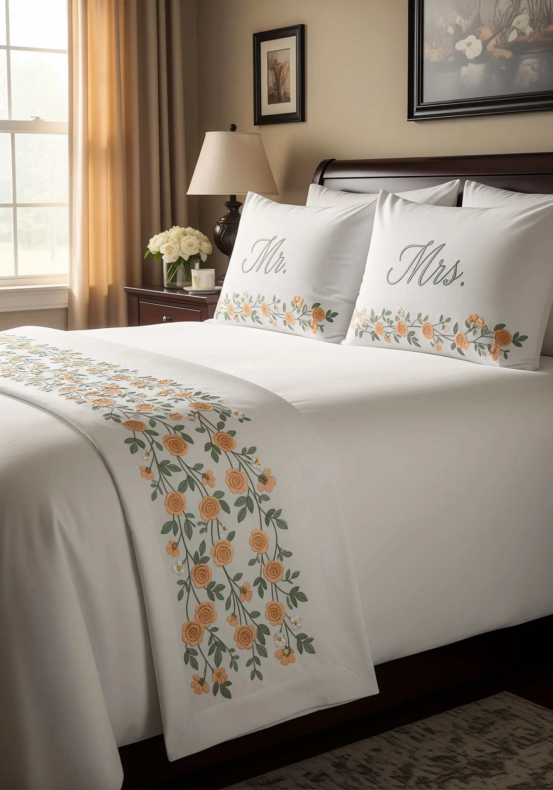 Mr. and Mrs. embroidered pillowcases with floral border