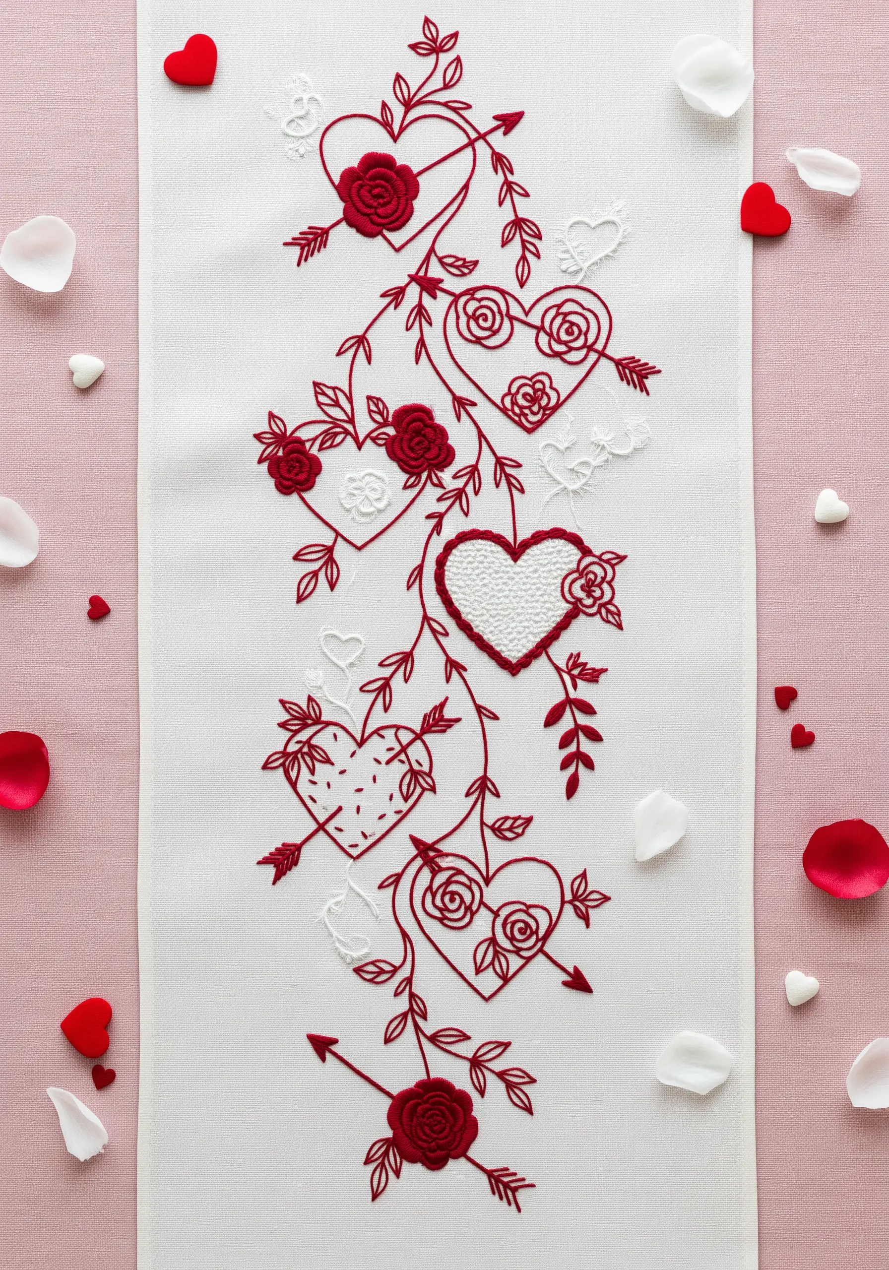 A table runner embroidered with a red vine, hearts, and dimensional woven wheel roses.